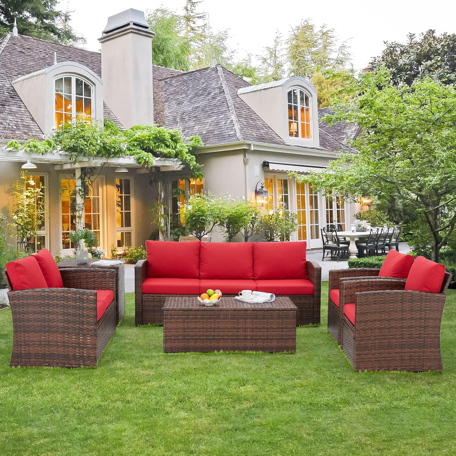 YODOLLA 7 Pieces Patio Furniture with Two Storage Boxes, Brown & Redbest