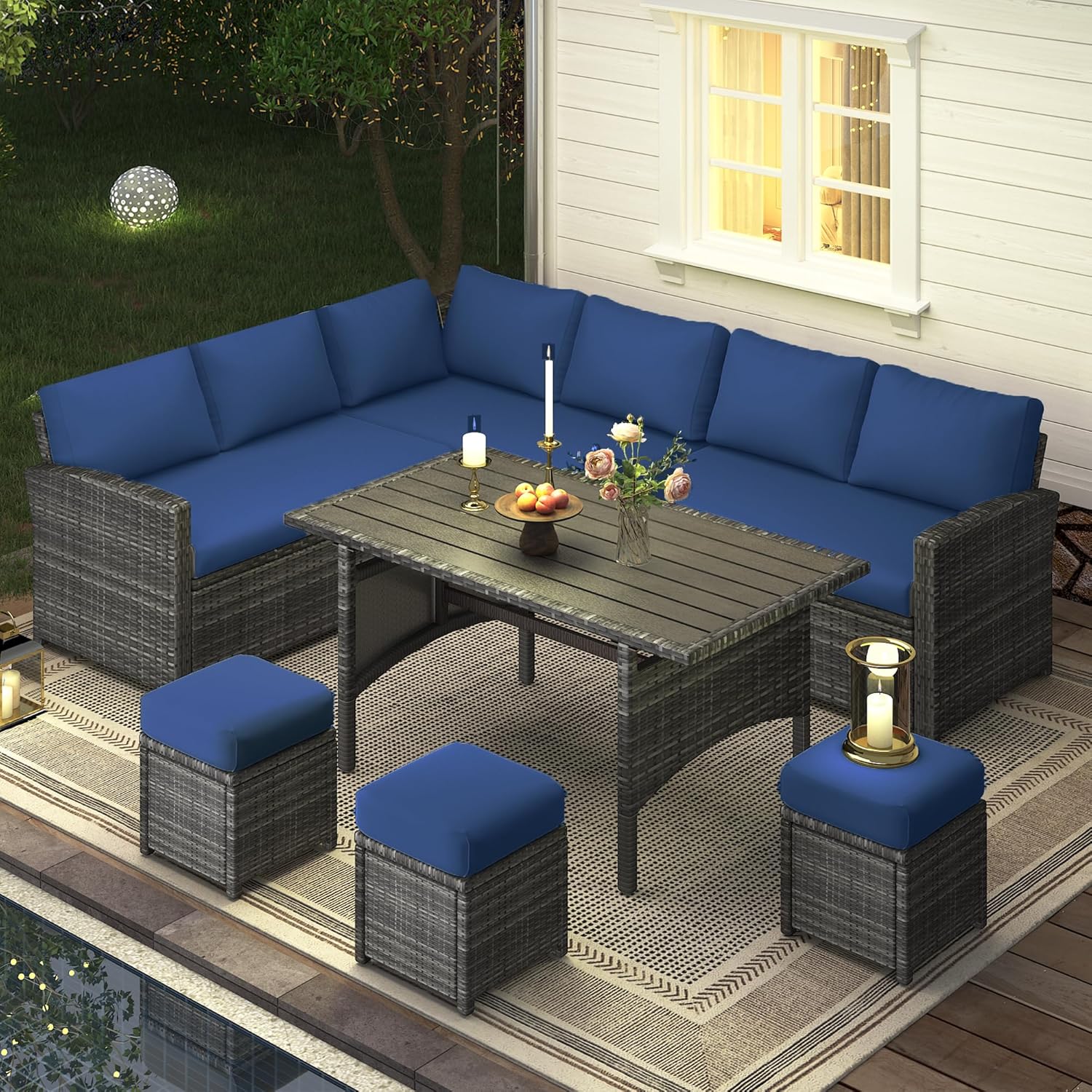 YODOLLA 7-Pc Patio Set, Grey Rattan & Blue Cushion