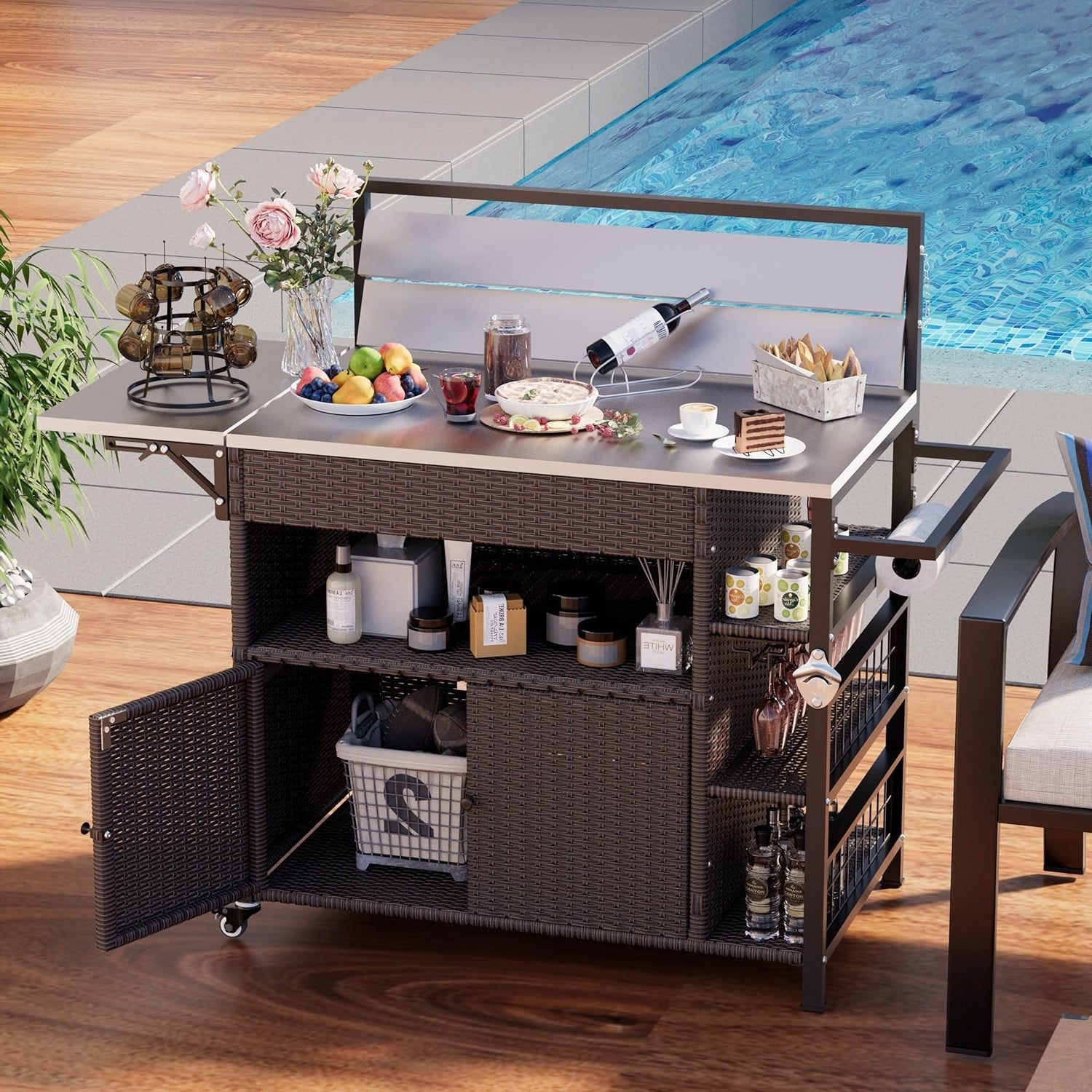 YODOLLA Outdoor Bar Cart with Rattan Storage Cabinet, Brownbest