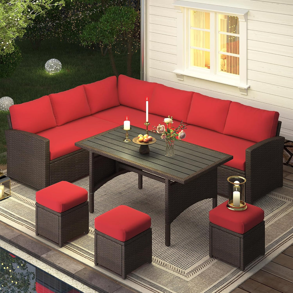YODOLLA 7-Pc Patio Set, Brown Rattan & Red Cushion