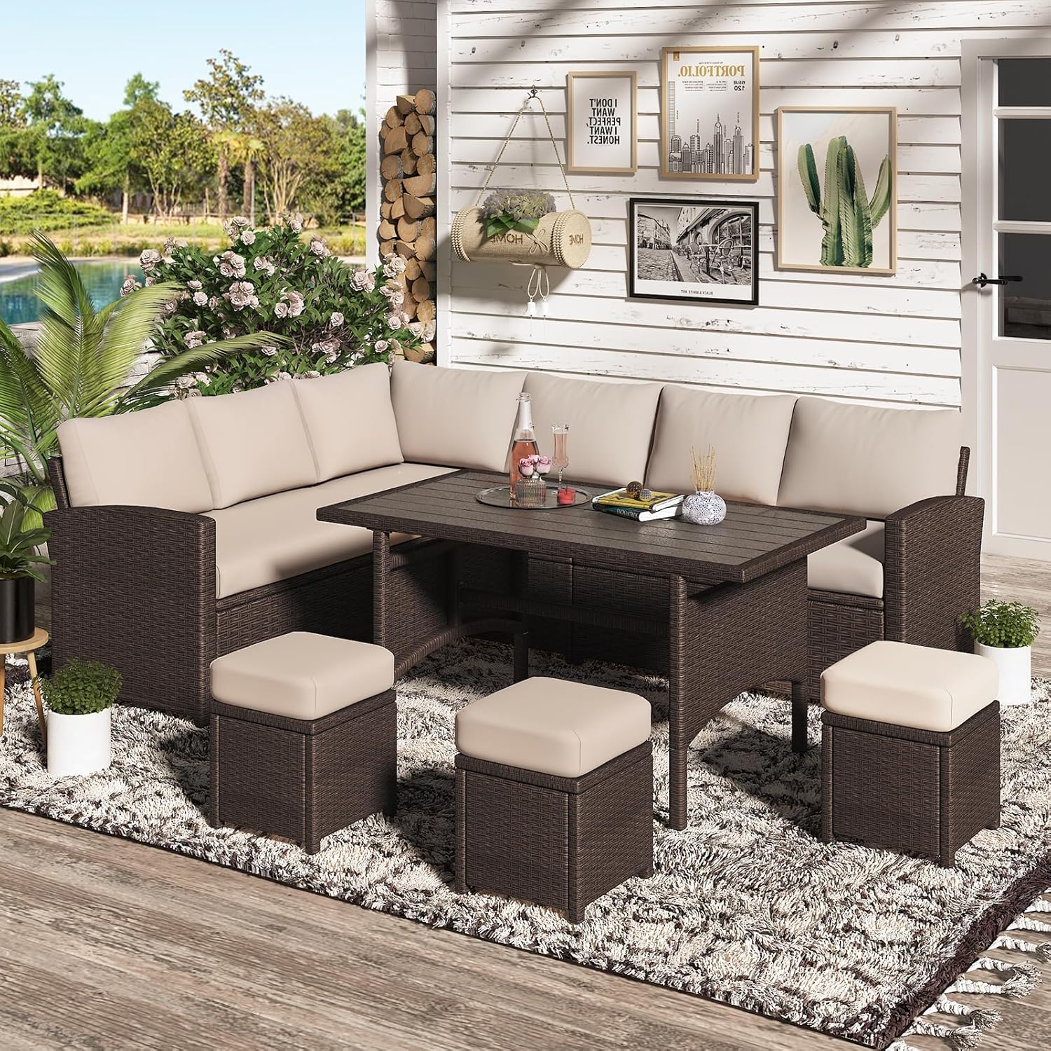 YODOLLA  7-Pc Patio Set, Brown Rattan & Khaki Cushions