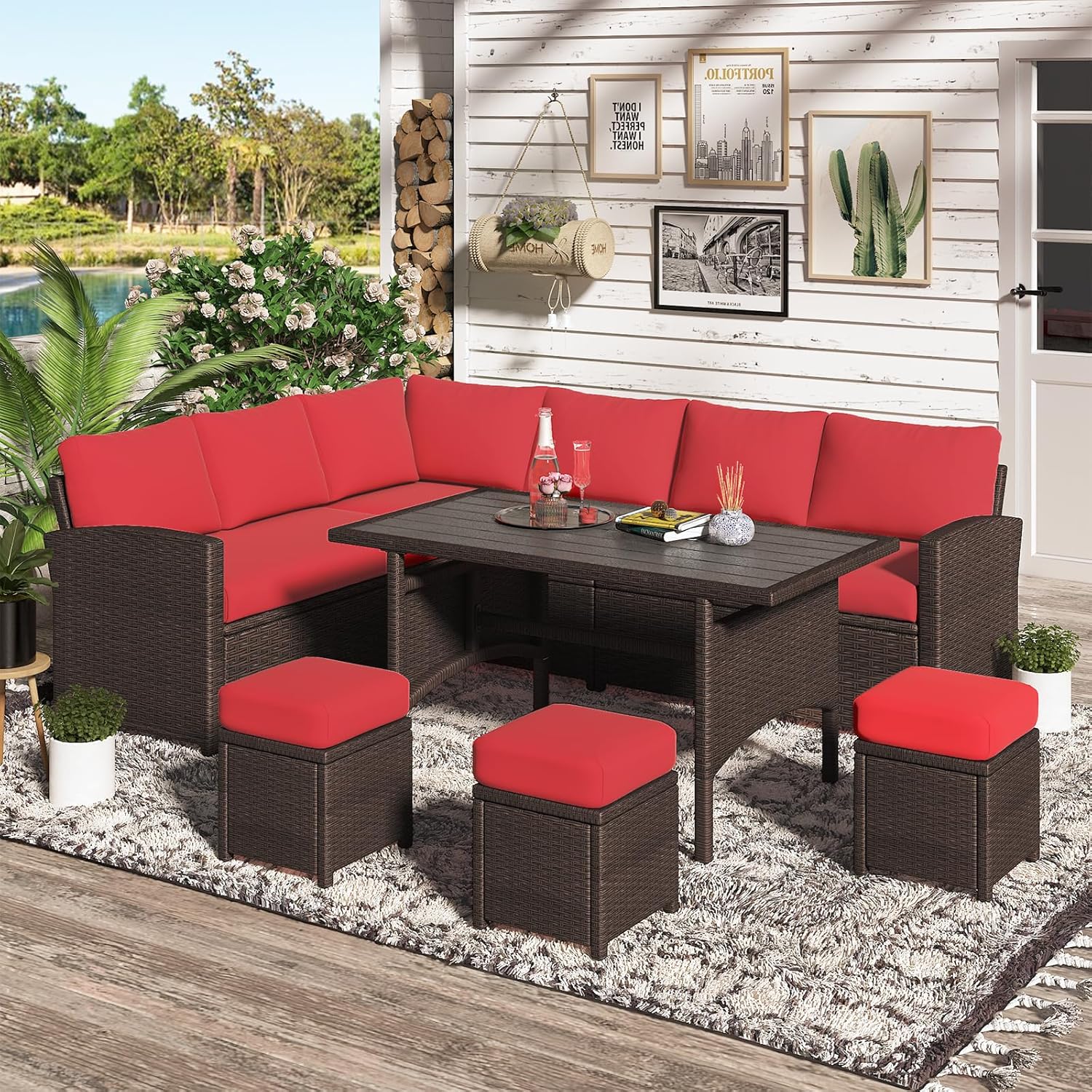 YODOLLA 7-Pc Patio Set, Brown Rattan & Red Cushion