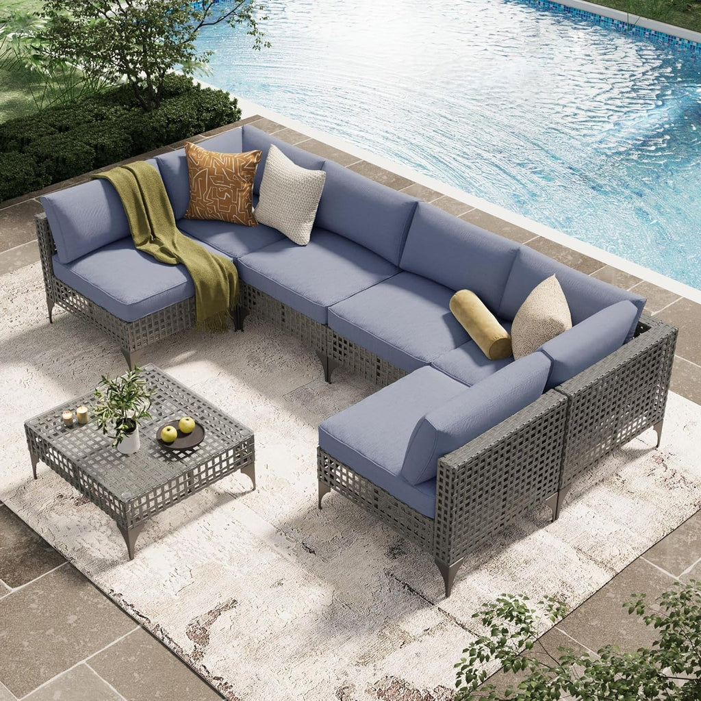 YODOLLA 7-Piece Outdoor Sofa Set, Grey Rattan & Blue Cushionsbest