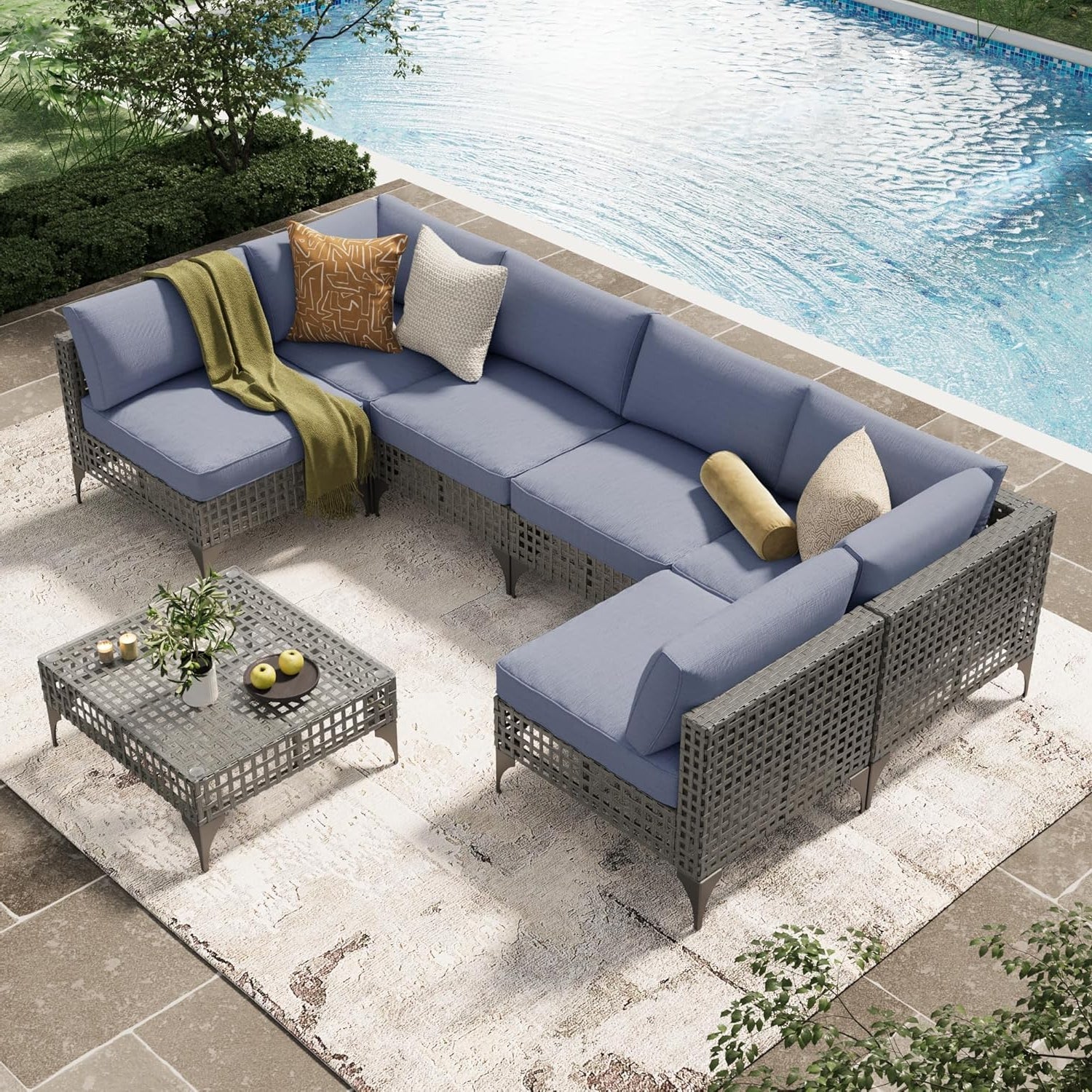 YODOLLA 7-Piece Outdoor Sofa Set, Grey Rattan & Blue Cushionsbest