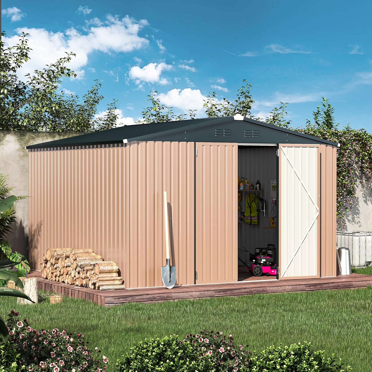 YODOLLA 10' x 10' Shed Outdoor Storage Shed with Lockable Doors, Grey