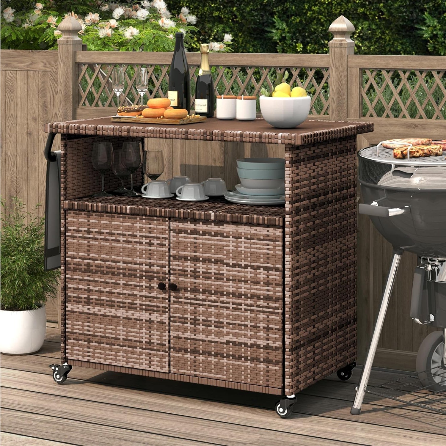 YODOLLA Outdoor Bar Cart, Patio Storage Grill Cart with Handles,Brownbest