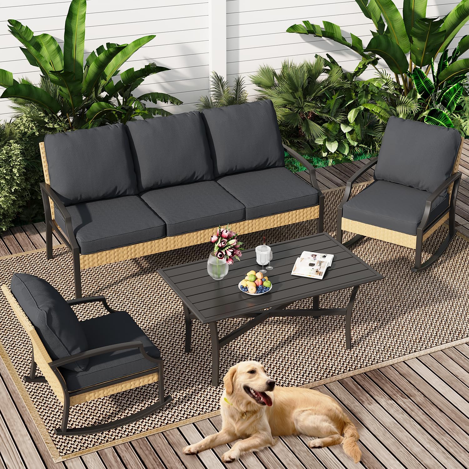 YODOLLA Outdoor Patio Furniture Set, 4 Piece Rattan Conversation Bistro Set with Coffee Tablebest