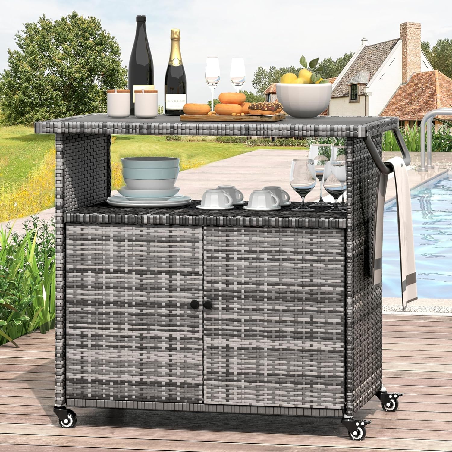 YODOLLA Outdoor Bar Cart with Storage Cabinet, Rattan Bar Table on Wheelsbest
