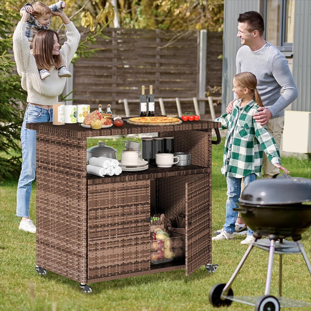 YODOLLA Outdoor Bar Cart, Patio Storage Grill Cart with Handles,Brownbest