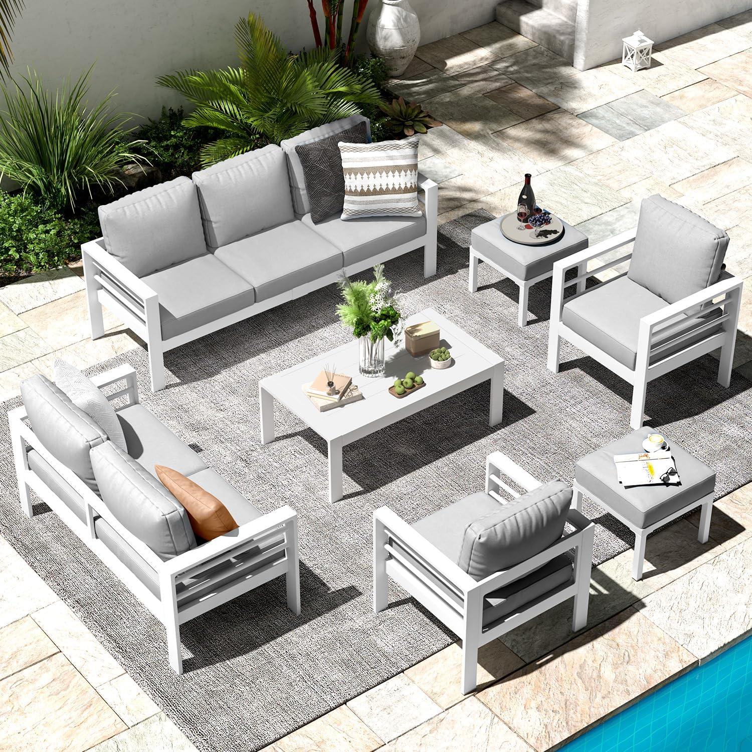 YODOLLA 7-Piece Patio Set, Light Gray Cushions