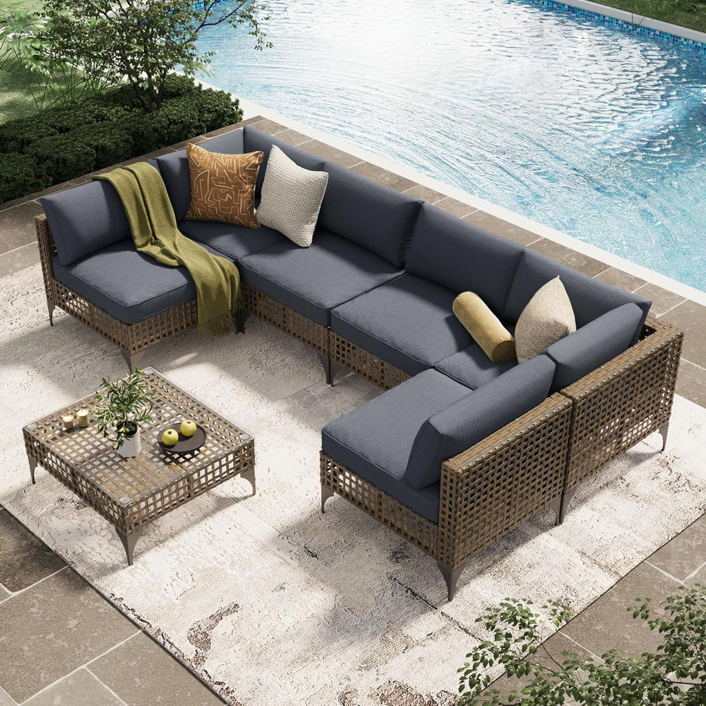 YODOLLA 7-Piece Outdoor Sofa Set, Brown Rattan & Grey Cushions