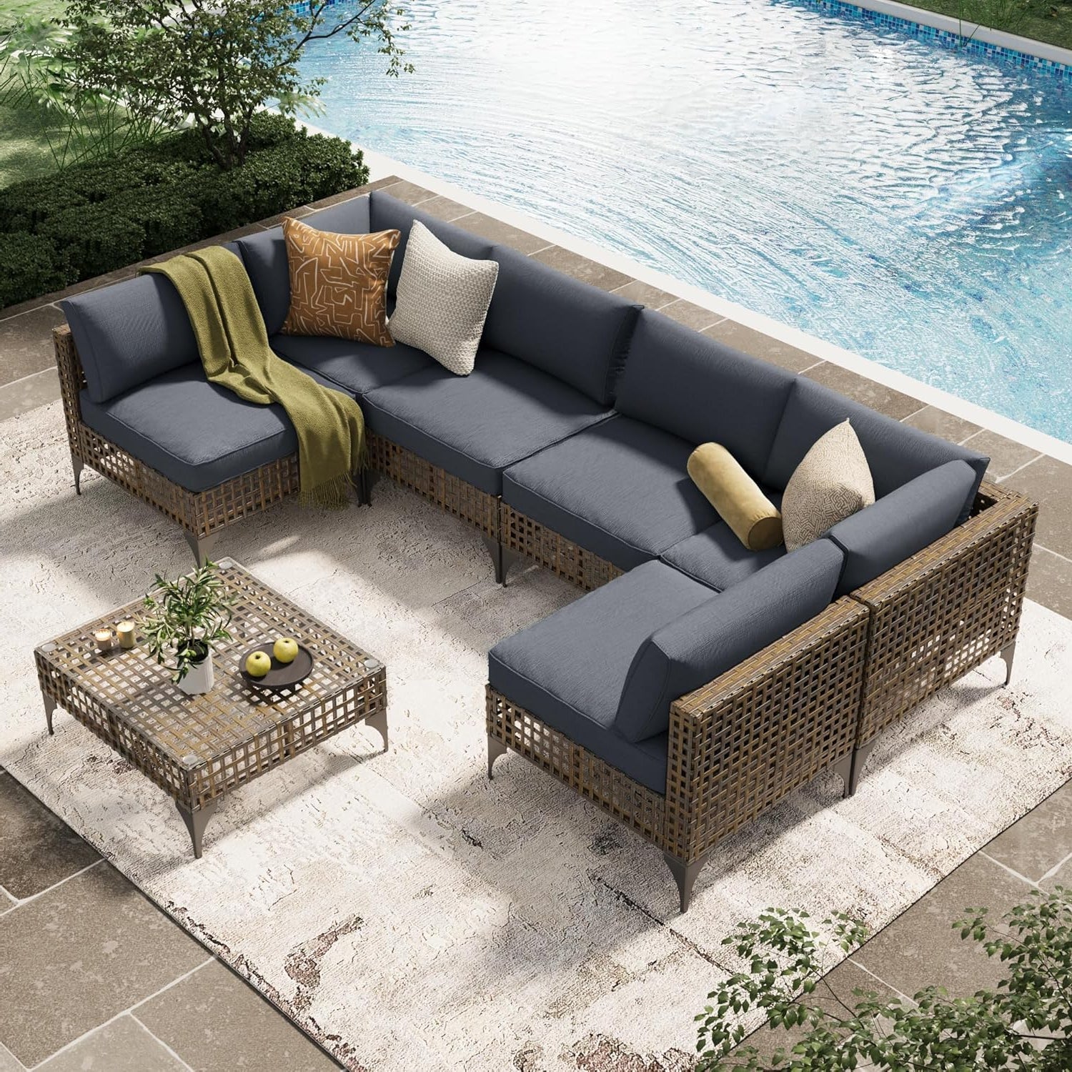 YODOLLA 7-Piece Outdoor Sofa Set, Brown Rattan & Grey Cushions