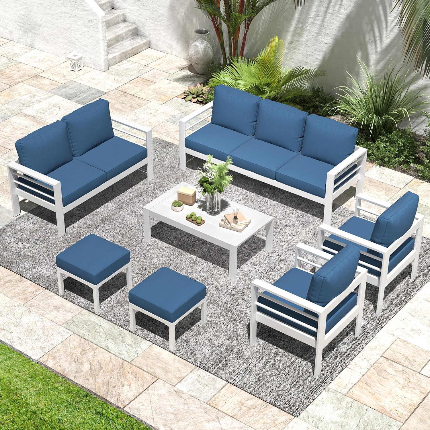 YODOLLA 7-Piece Patio Set, Aluminum, Blue Cushions