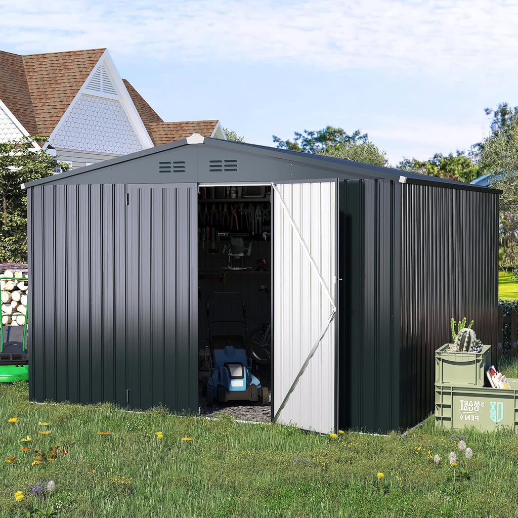 YODOLLA 10'x10' Metal Storage Shed, Dark Grey