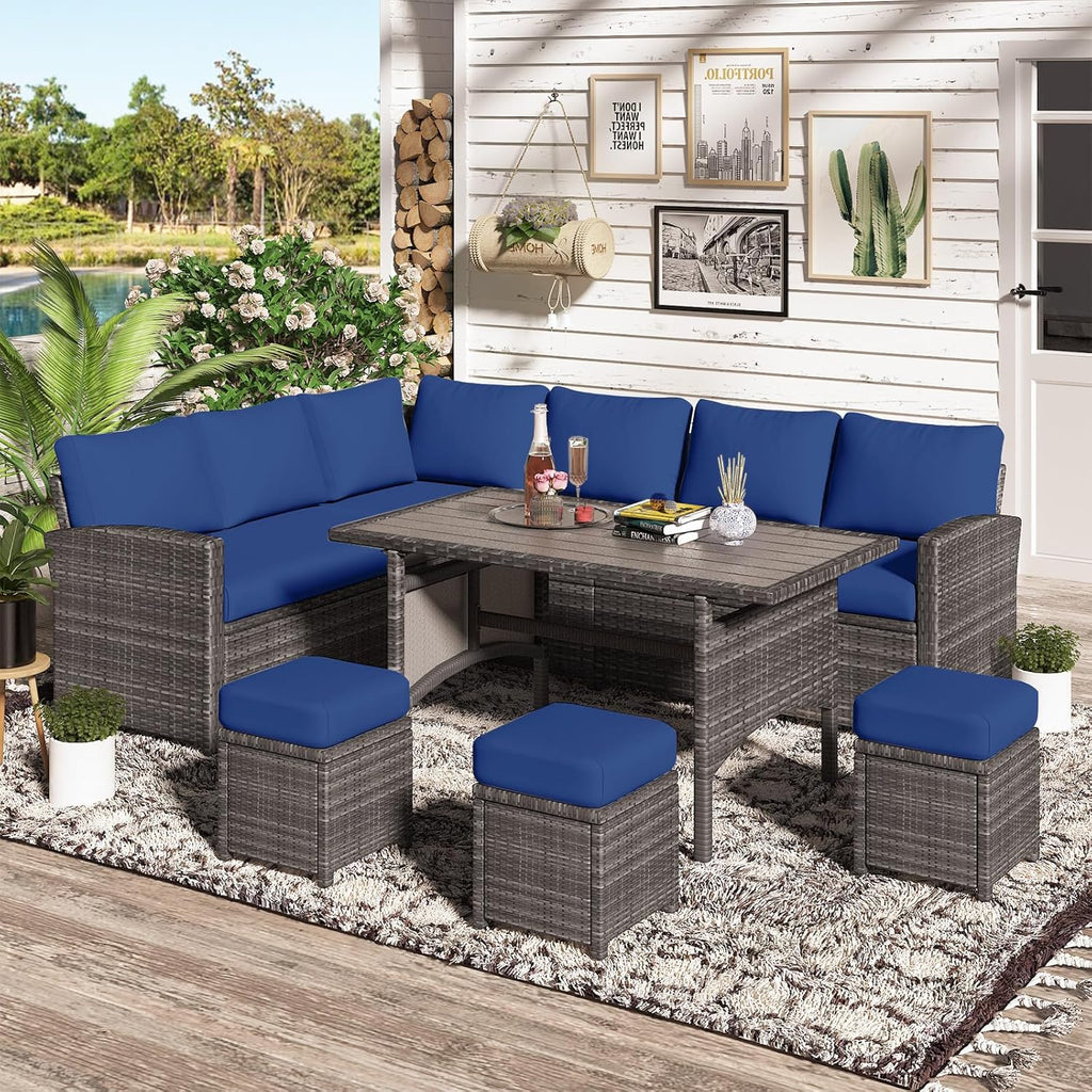 YODOLLA 7-Pc Patio Set, Grey Rattan & Blue Cushion