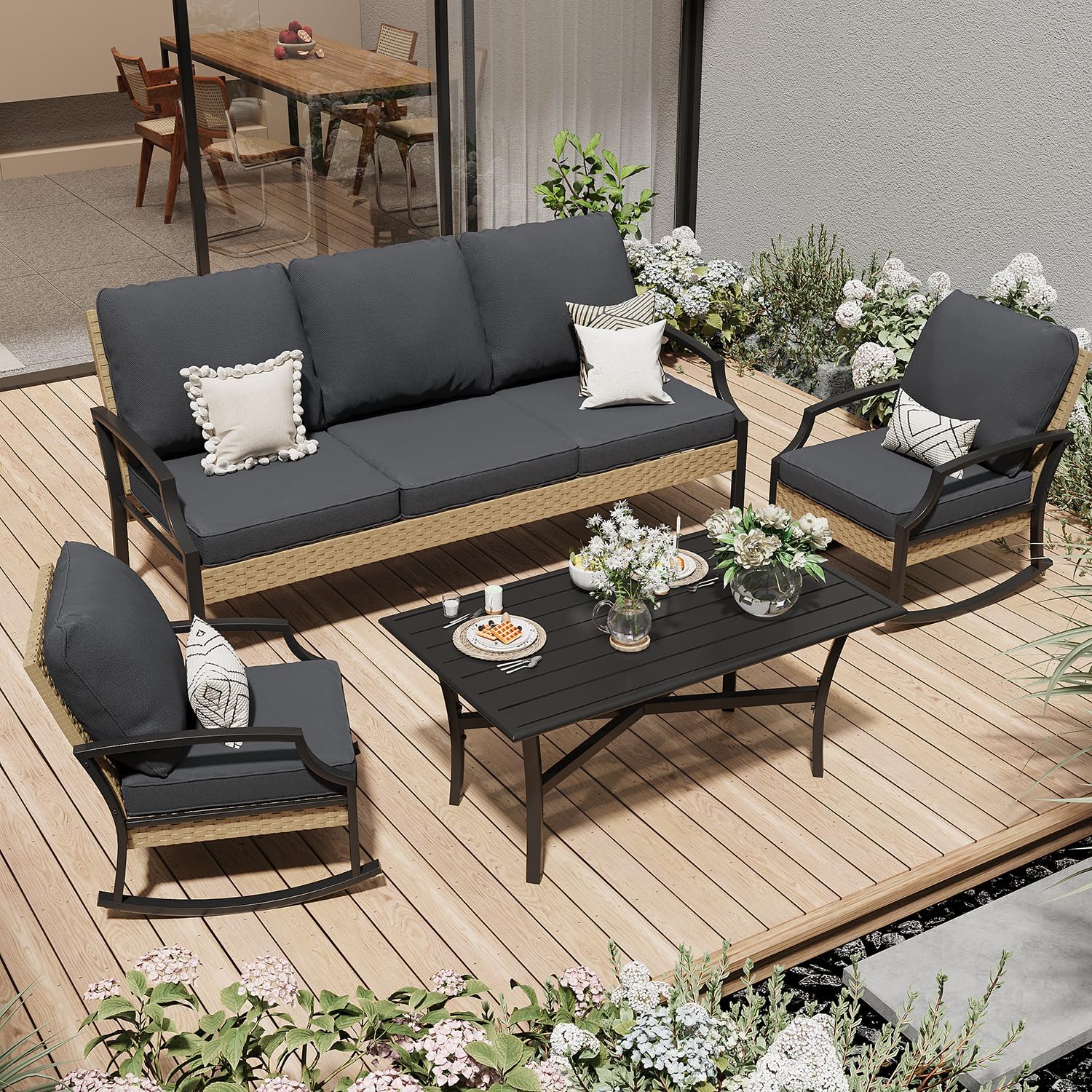 YODOLLA Outdoor Patio Furniture Set, 4 Piece Rattan Conversation Bistro Set with Coffee Tablebest