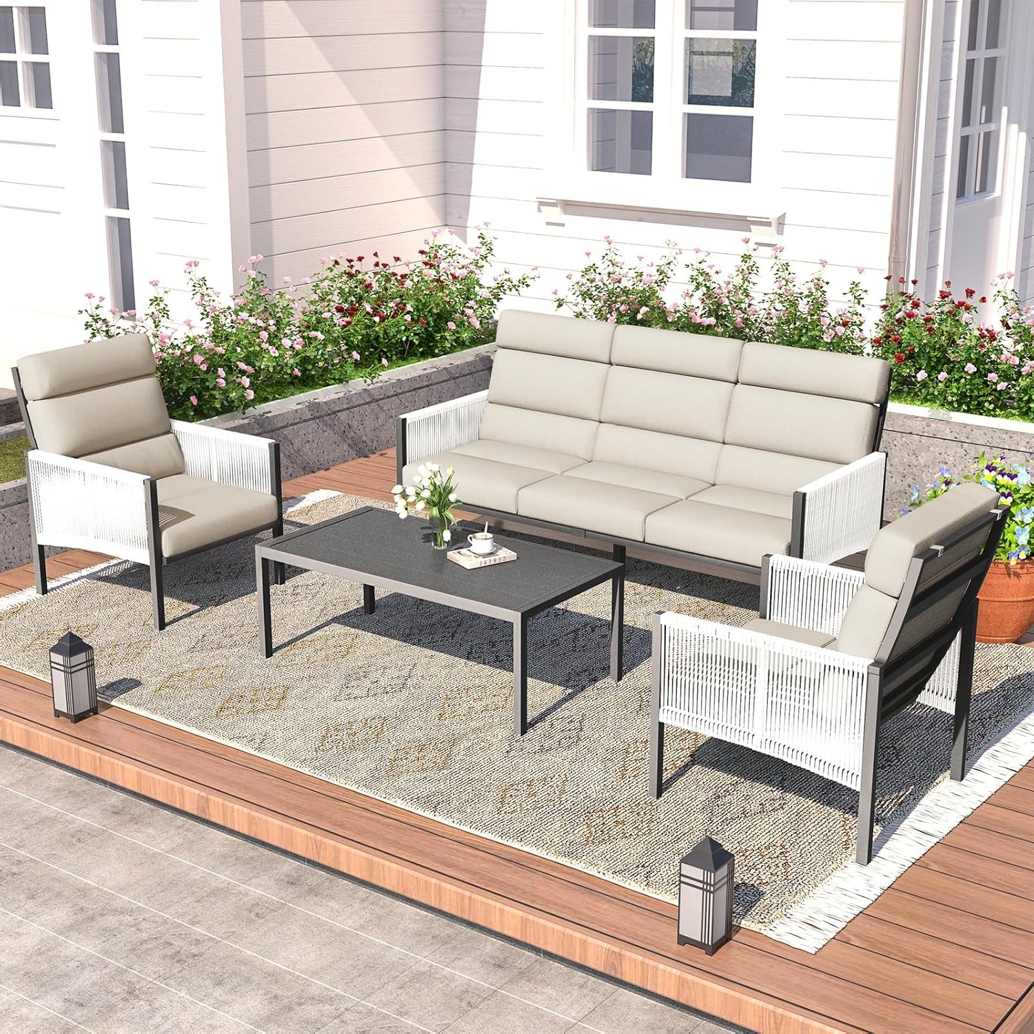 YODOLLA 4 Pieces Aluminum Patio Furniture Set with PE Rope Armrest, Beigebest