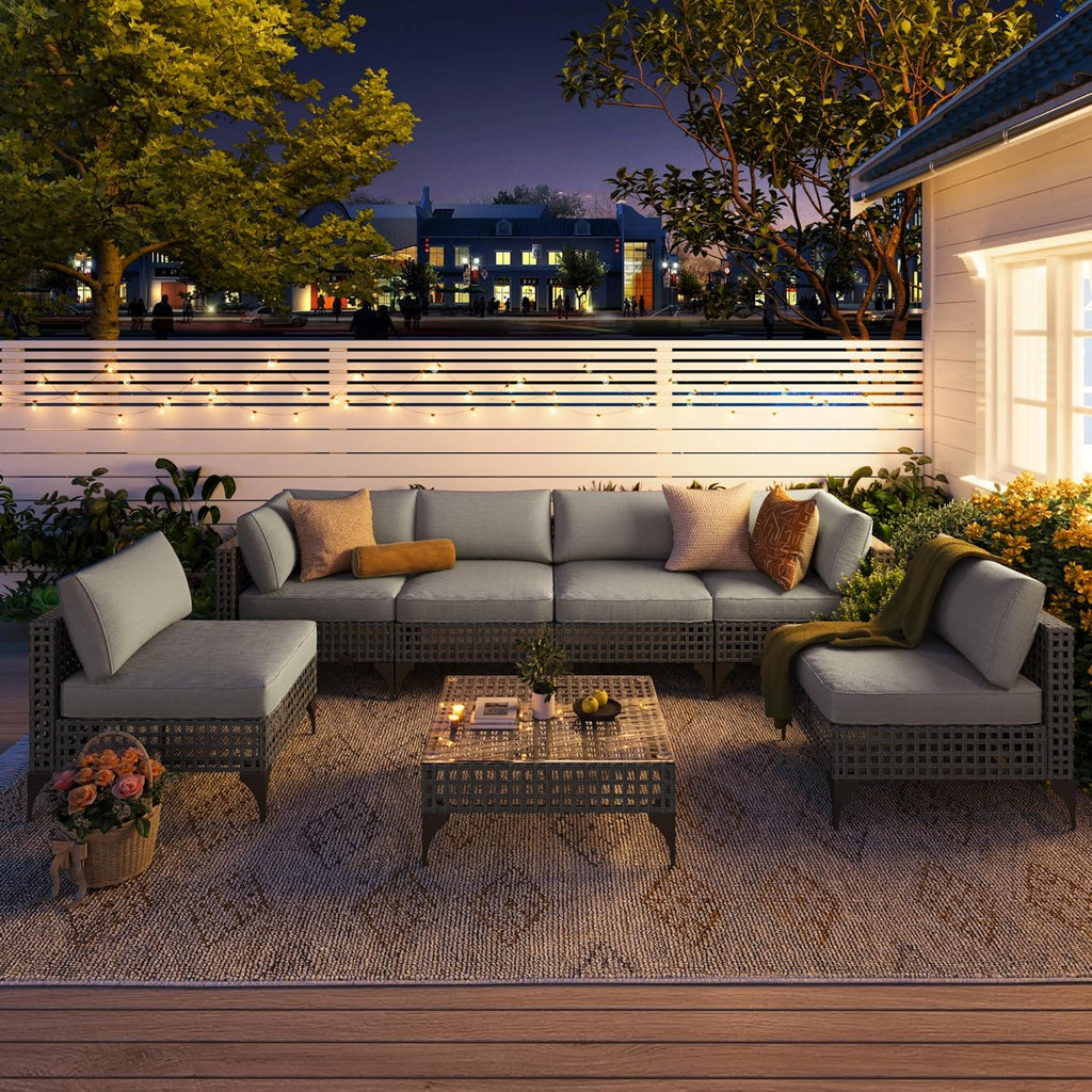 YODOLLA 7-Piece Outdoor Sofa Set, Gray Rattan & Grey Cushionsbest