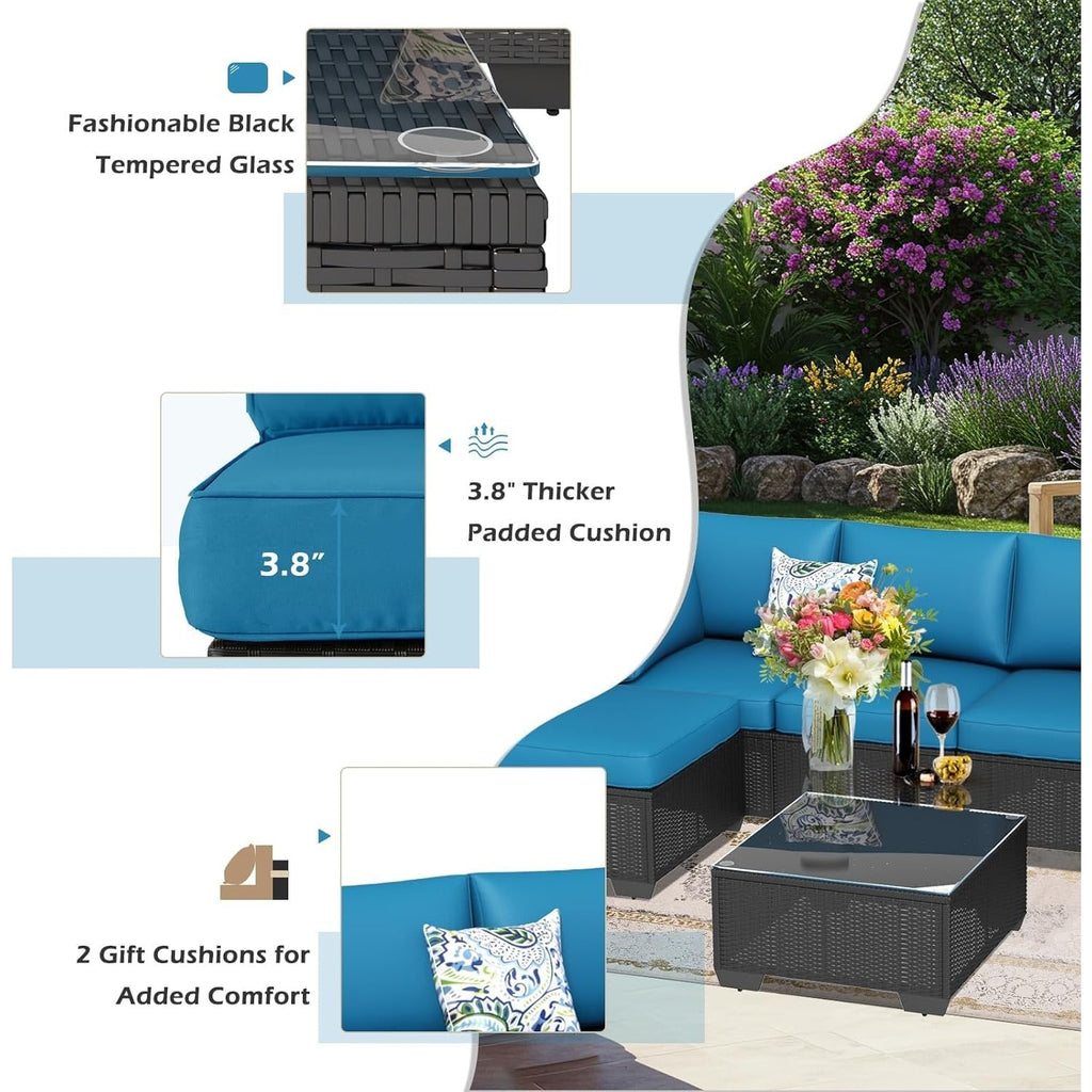 YODOLLA 7 Piece Outdoor Patio Furniture Set, Black & Blue