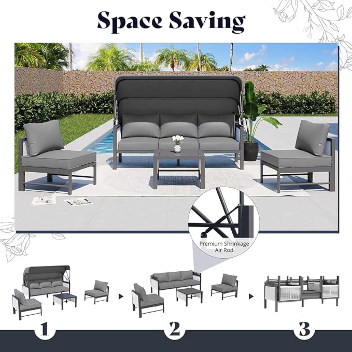 YODOLLA 4 Pieces Aluminum Patio Furniture Set, Retractable Canopy, Light Grey