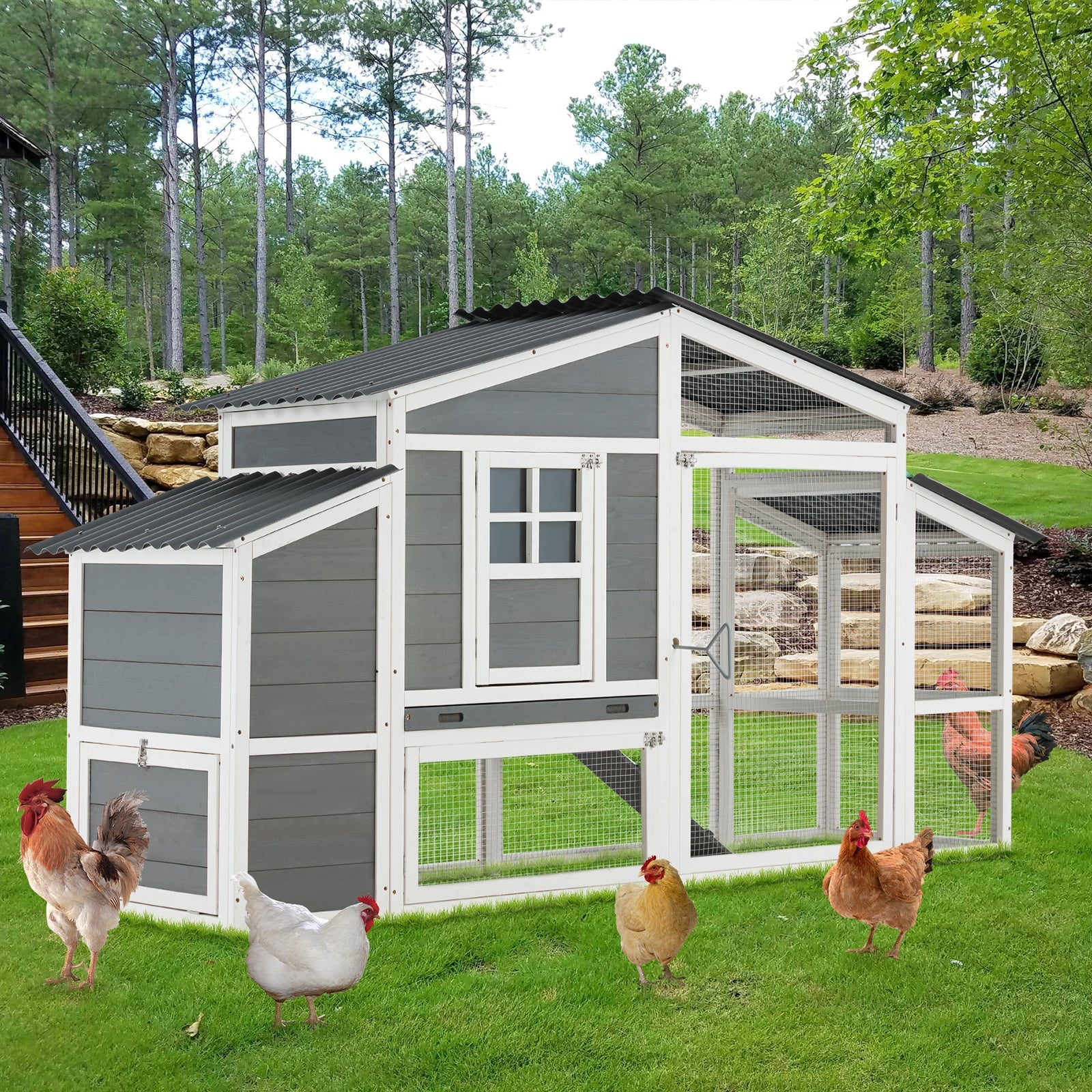 YODOLLA 81” Large Chicken Coop Wooden Hen House Poultry Cage, Grey & White