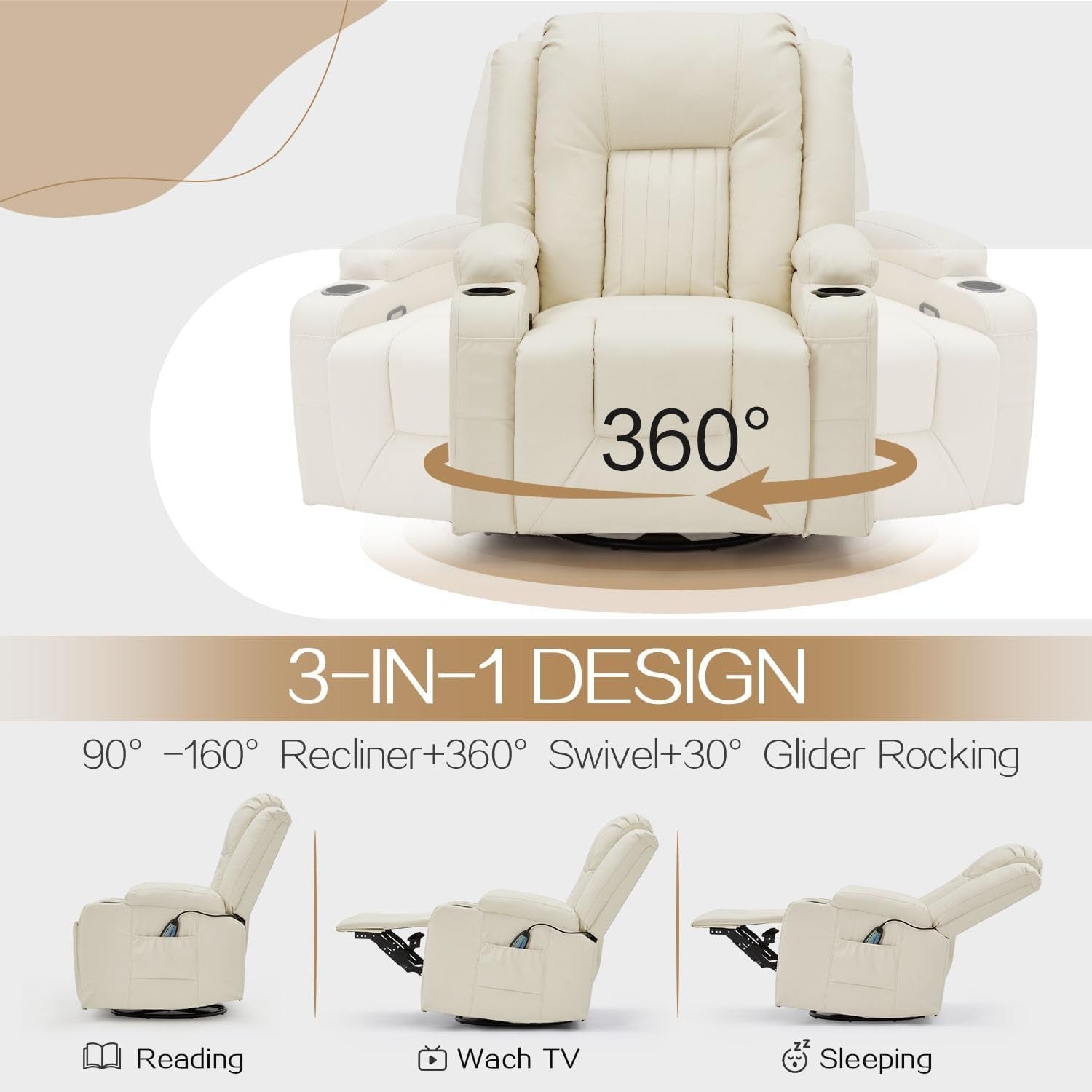 YODOLLA Recliner Chair with Heat&Massage, PU Leather Cream Whitebest