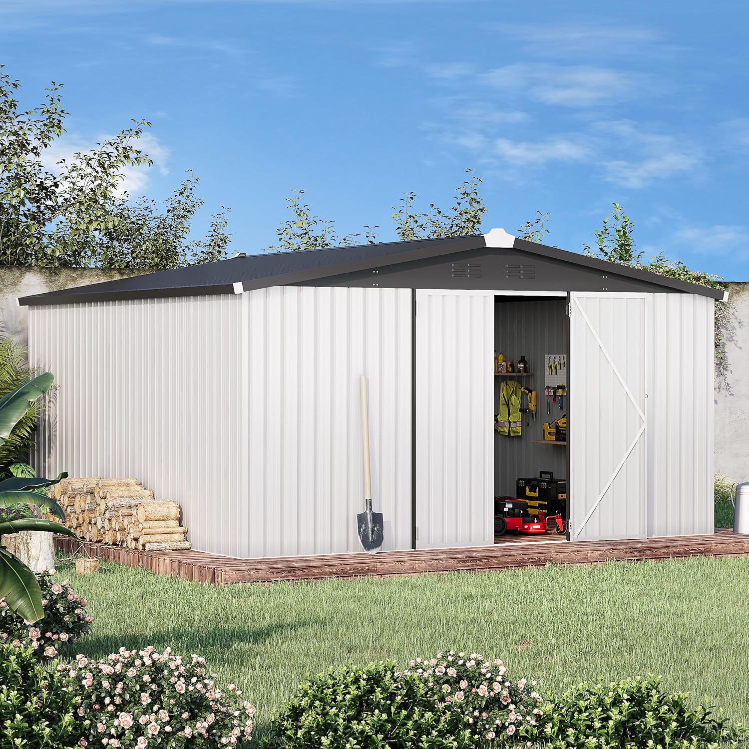 YODOLLA Shed 12' x 12' Storage Shed, Whitebest