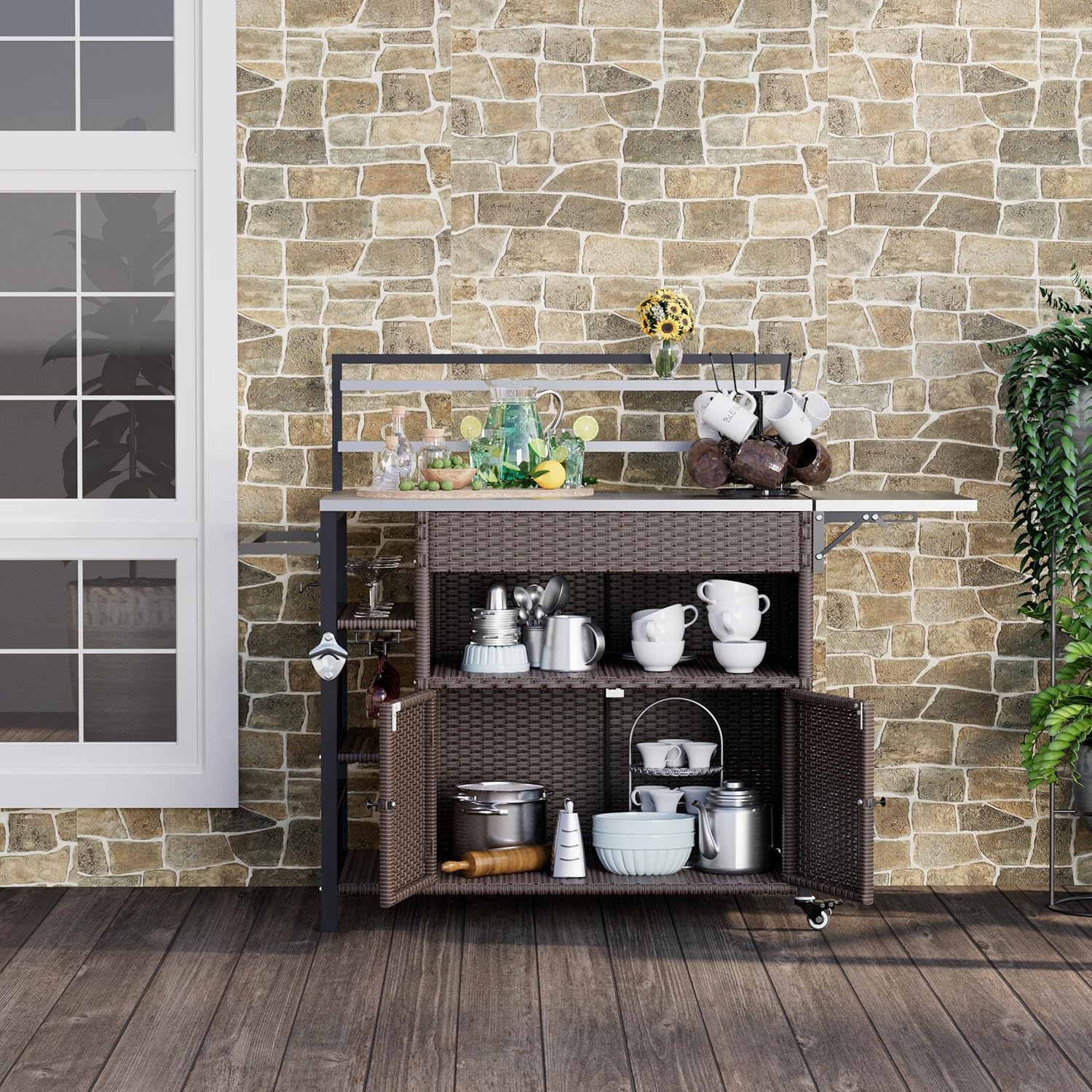 YODOLLA Outdoor Bar Cart with Rattan Storage Cabinet, Brownbest