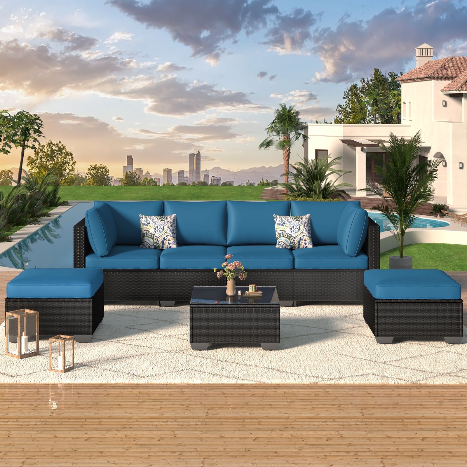 YODOLLA 7 Piece Outdoor Patio Furniture Set, Black & Peacok Bluebest