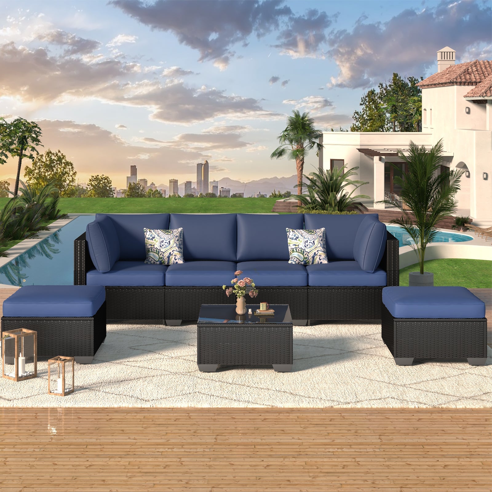 YODOLLA 7 Piece Outdoor Patio Furniture Set, Black & Dark Blue