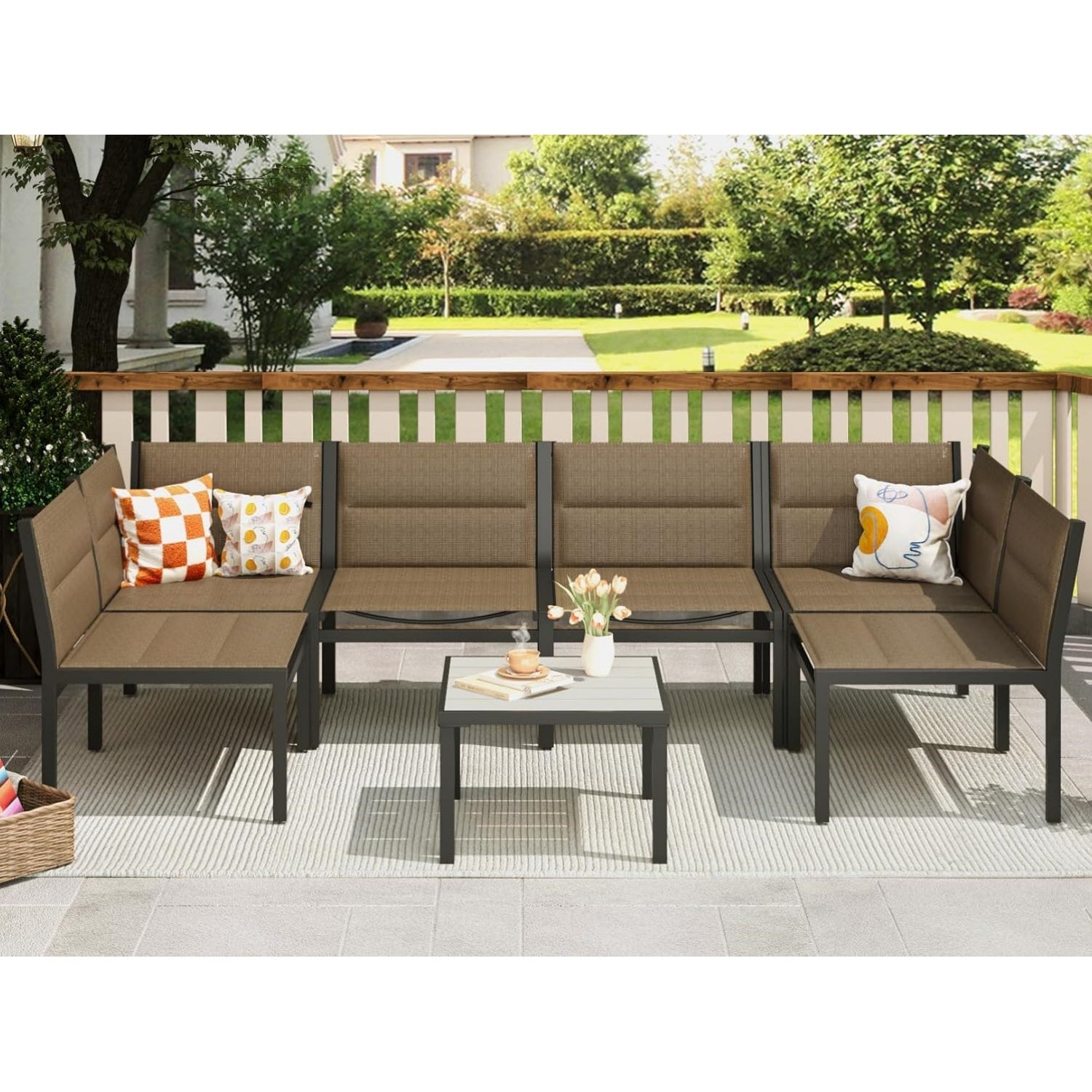 YODOLLA 7-Pc Sectional Patio Set Textilene Fabric, Brownbest
