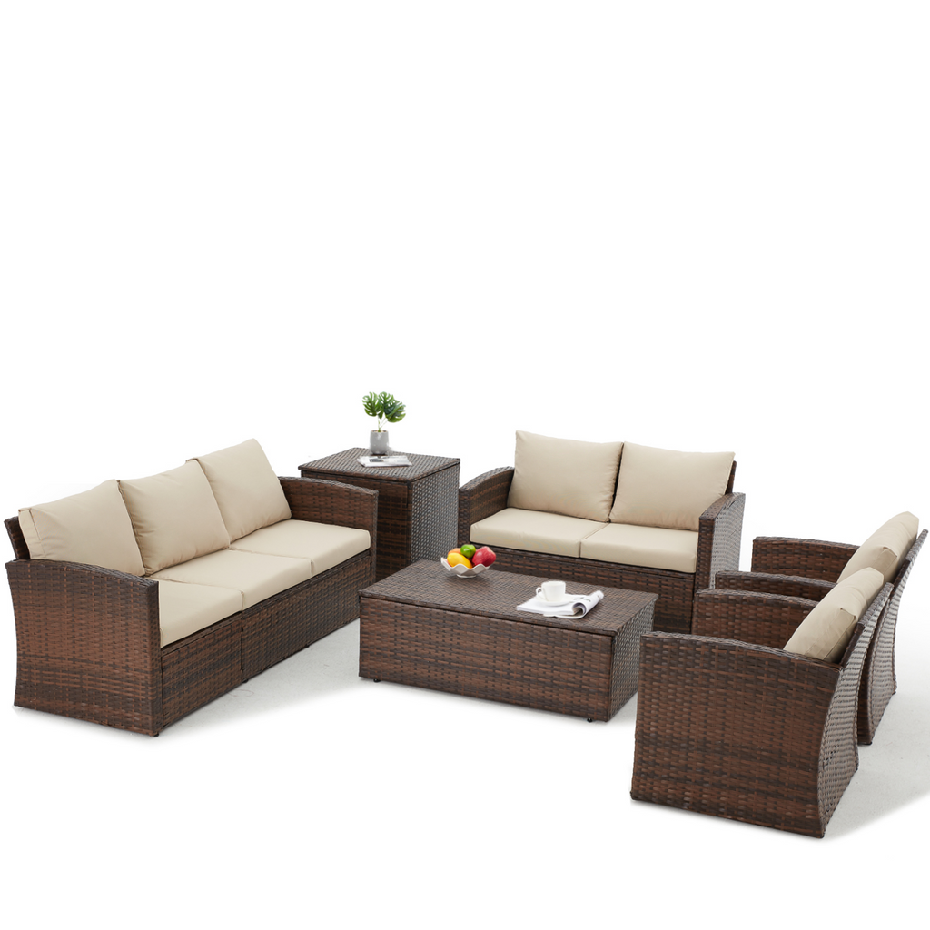 YODOLLA 7 Pieces Patio Furniture with Two Storage Boxes, Brown & Beige