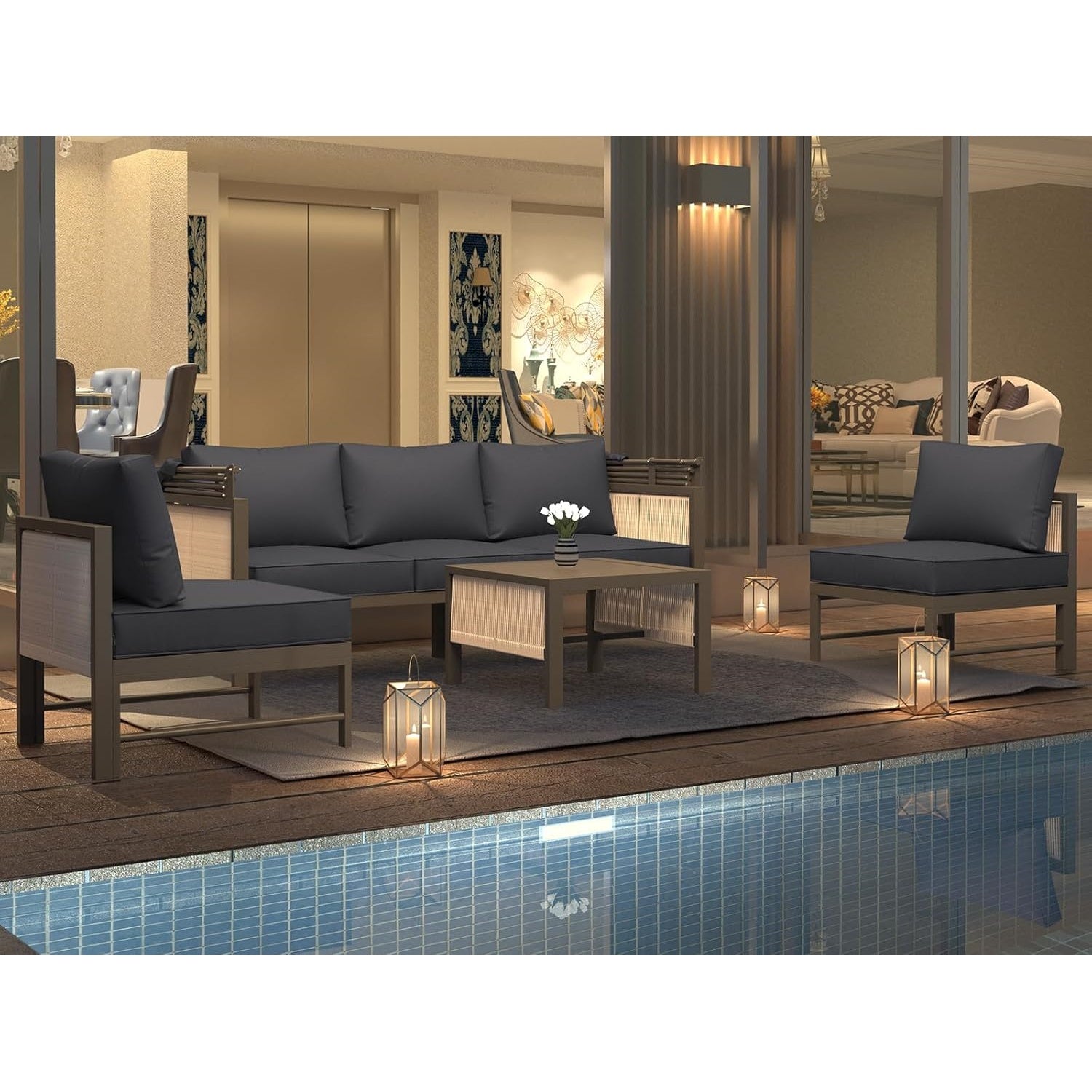 YODOLLA 4 Pieces Aluminum Patio Furniture Set, Retractable Canopy, Dark Grey