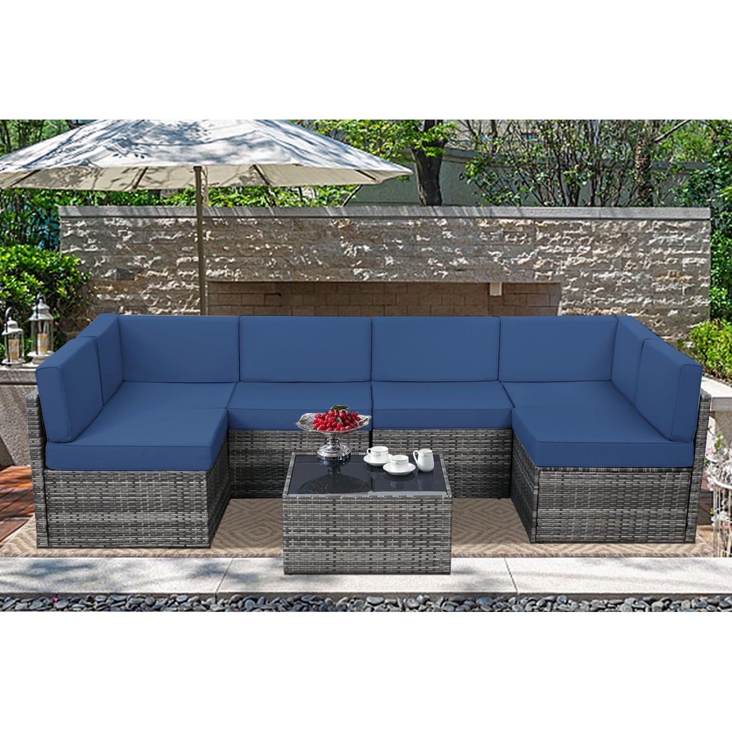 YODOLLA 7 Piece Outdoor Patio Furniture Set, Grey & Navy