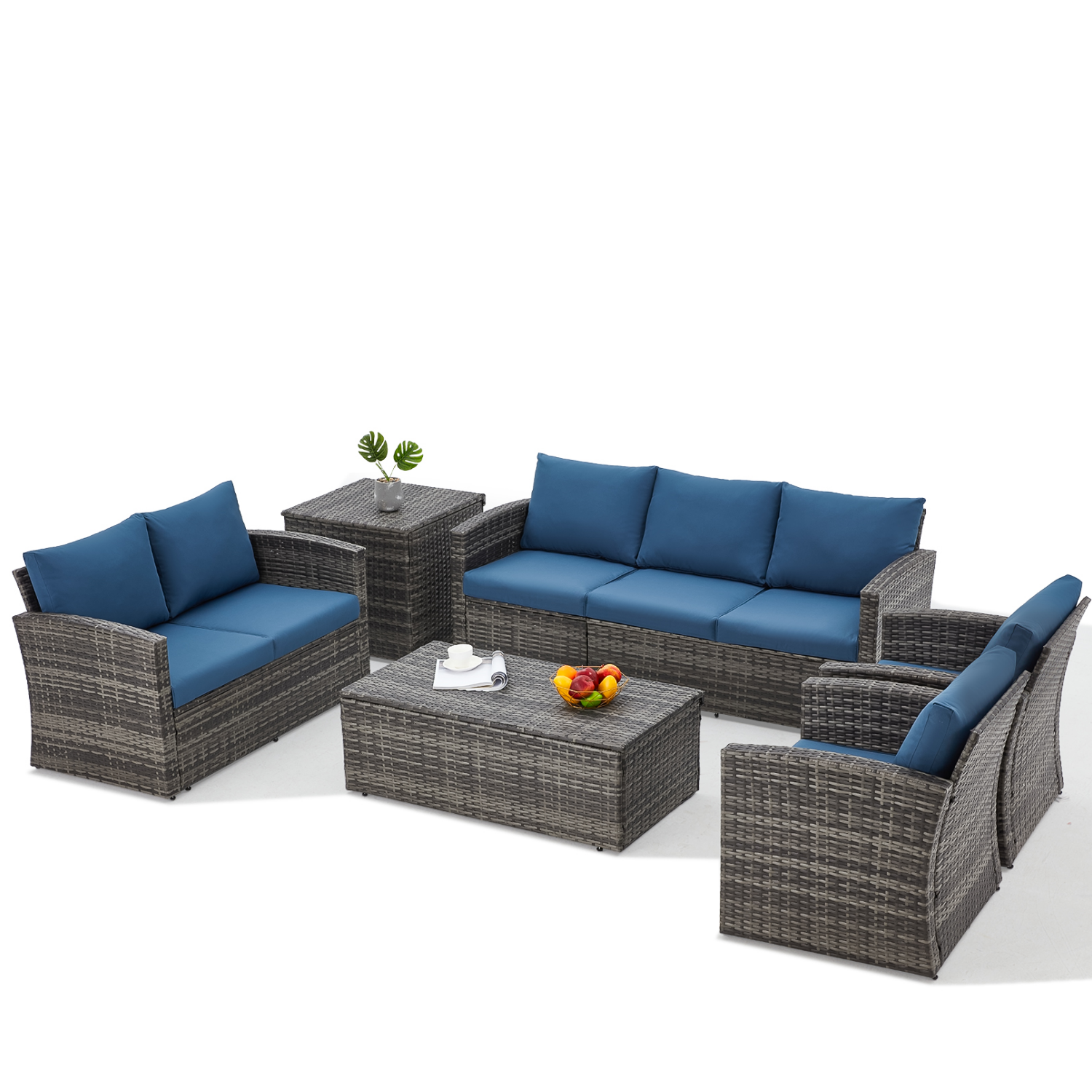 YODOLLA 7 Pieces Patio Furniture with Two Storage Boxes, Grey & Dark Bluebest