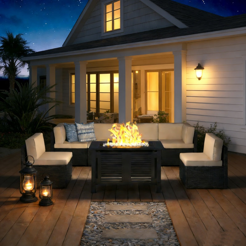 YODOLLA 7 Piece Outdoor Patio Furniture Set with 30 Inch Fire Pit Table, Black Rattan Beige Cushion