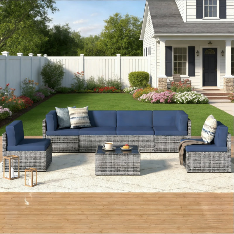 YODOLLA 7 Piece Outdoor Patio Furniture Set with 30 Inch Fire Pit Table, Grey Rattan Dark Blue Cushion