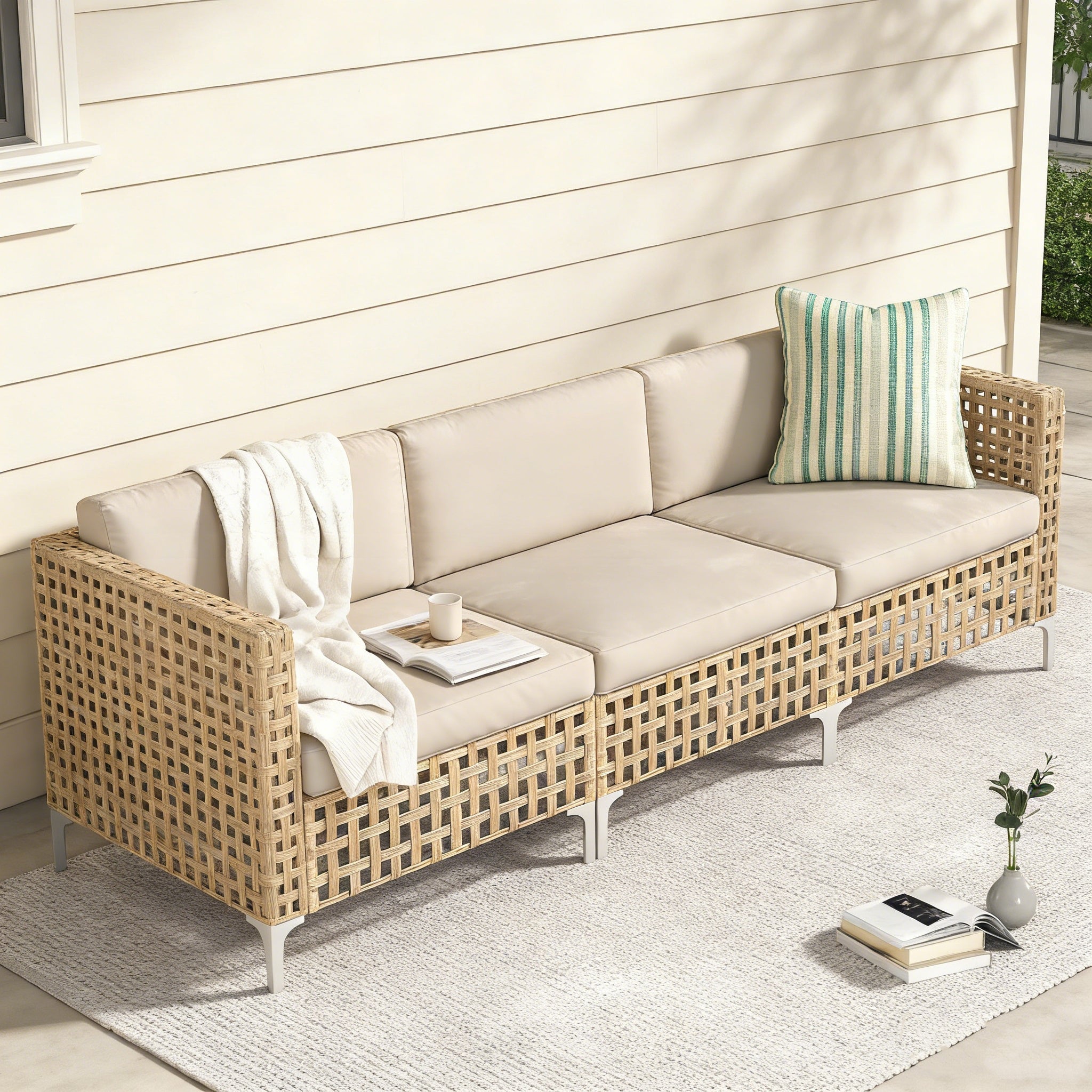 YODOLLA Outdoor Wicker Patio Furniture Sofa, 3 Seats Sofa