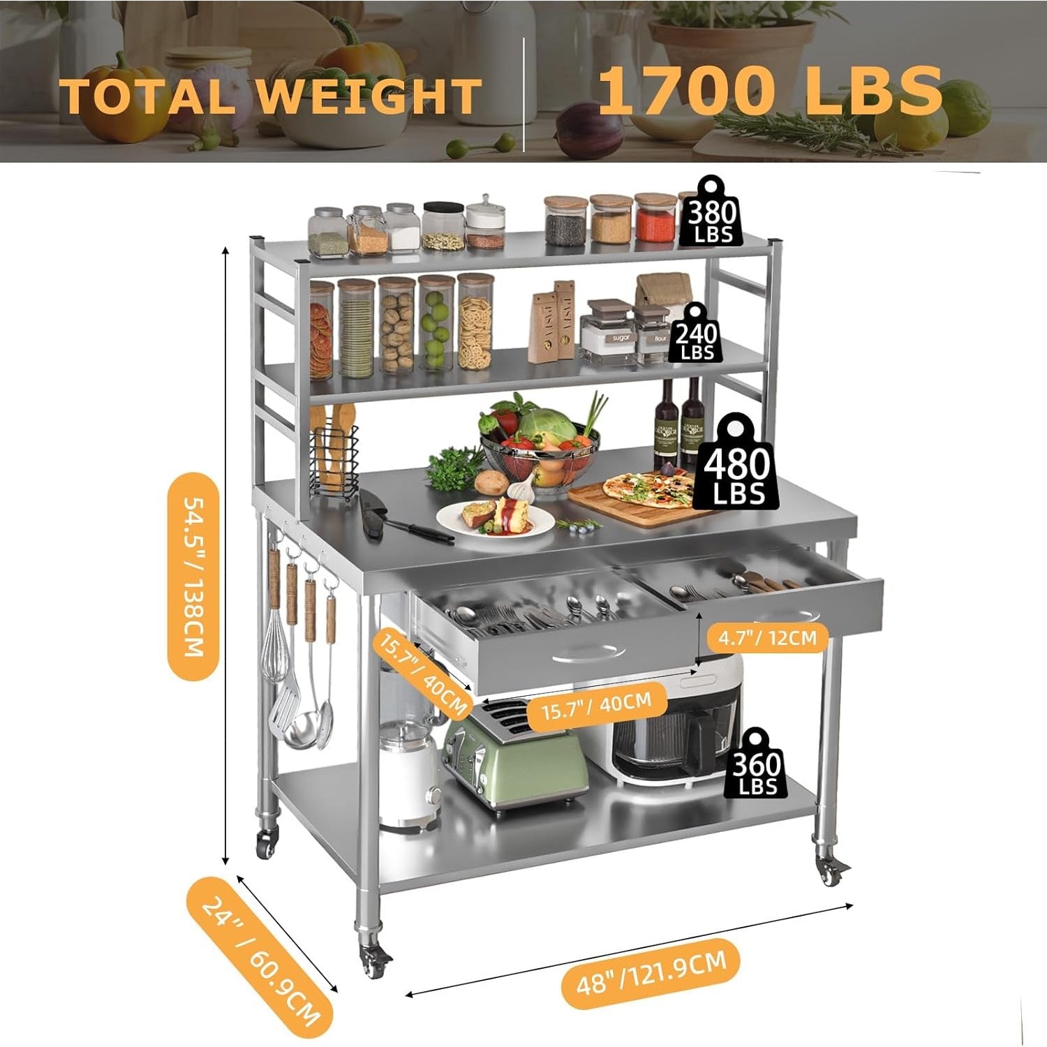 YODOLLA Stainless Steel Table with Shelves and Drawer 48"x24" Prep Table for Commercial Kitchenbest