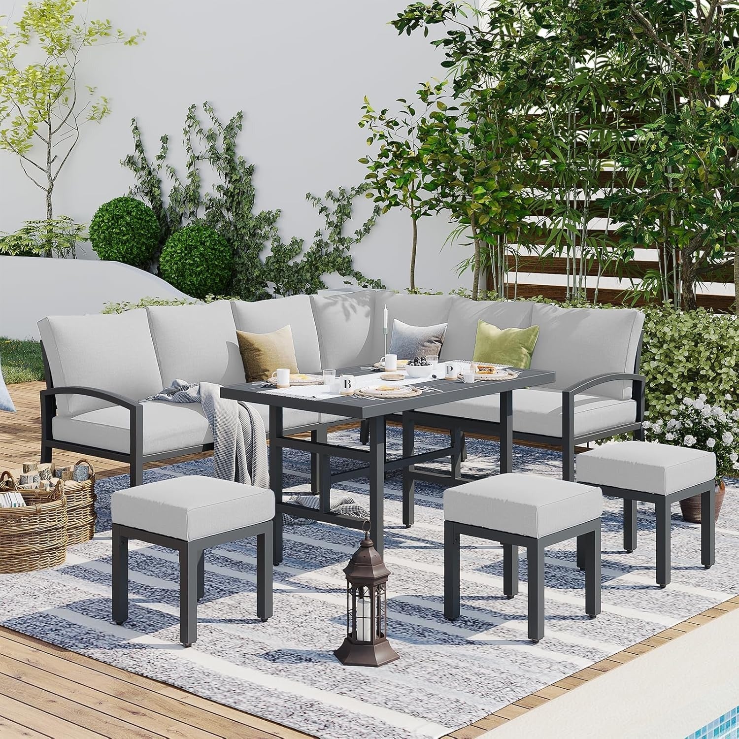 YODOLLA 7 Pieces Metal Patio Furniture Set, Light Grey