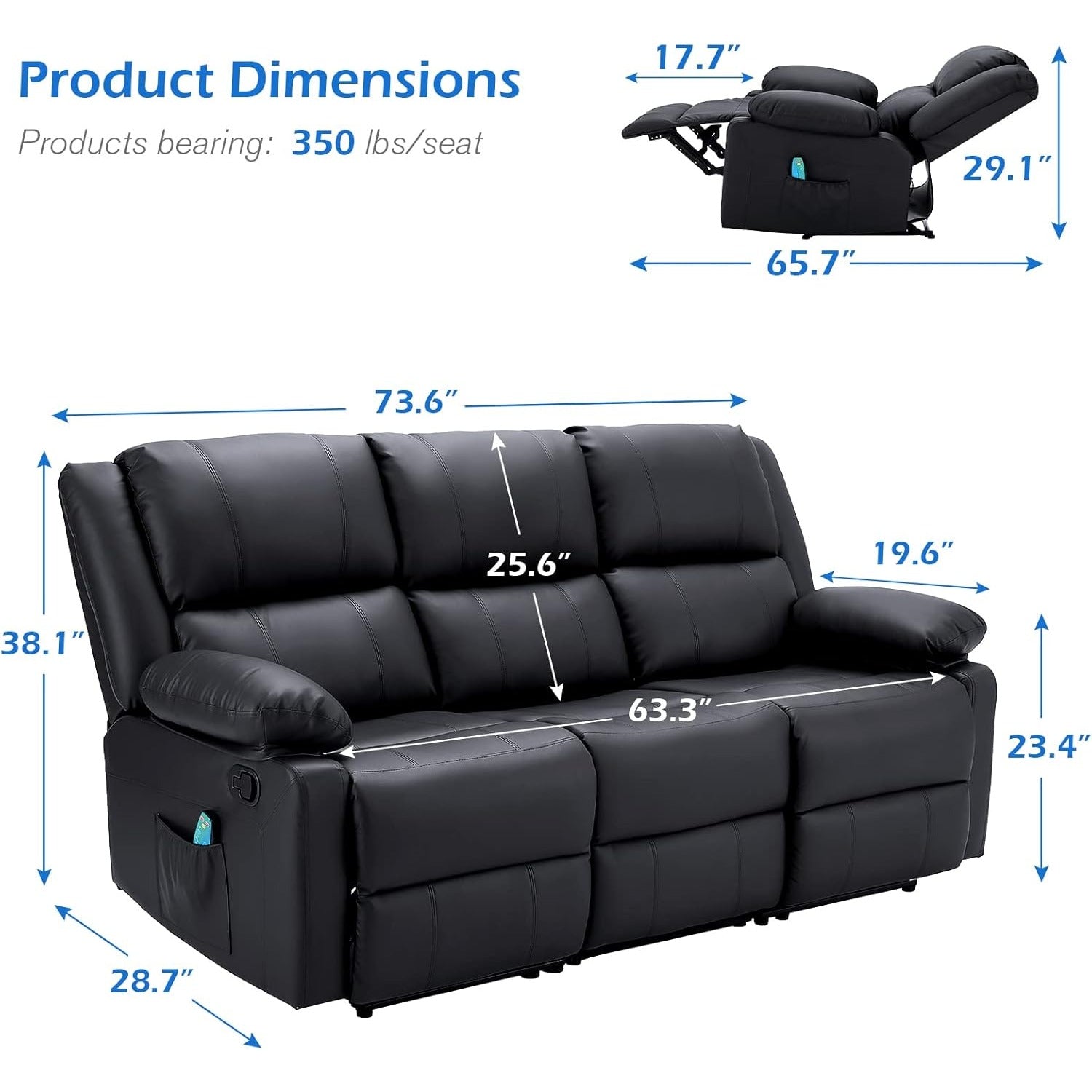 YODOLLA Reclining Sofa 3-Seater Couch, Blackbest
