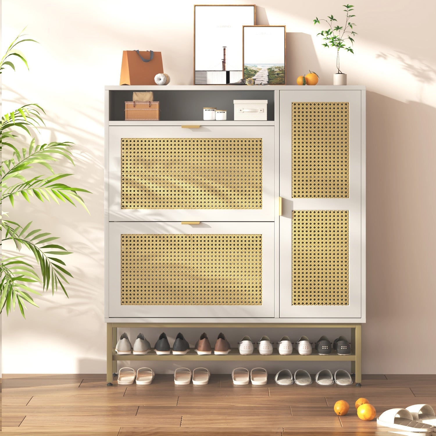 YODOLLA Rattan Shoe Cabinet with 3 Flip Drawers, Brownbest