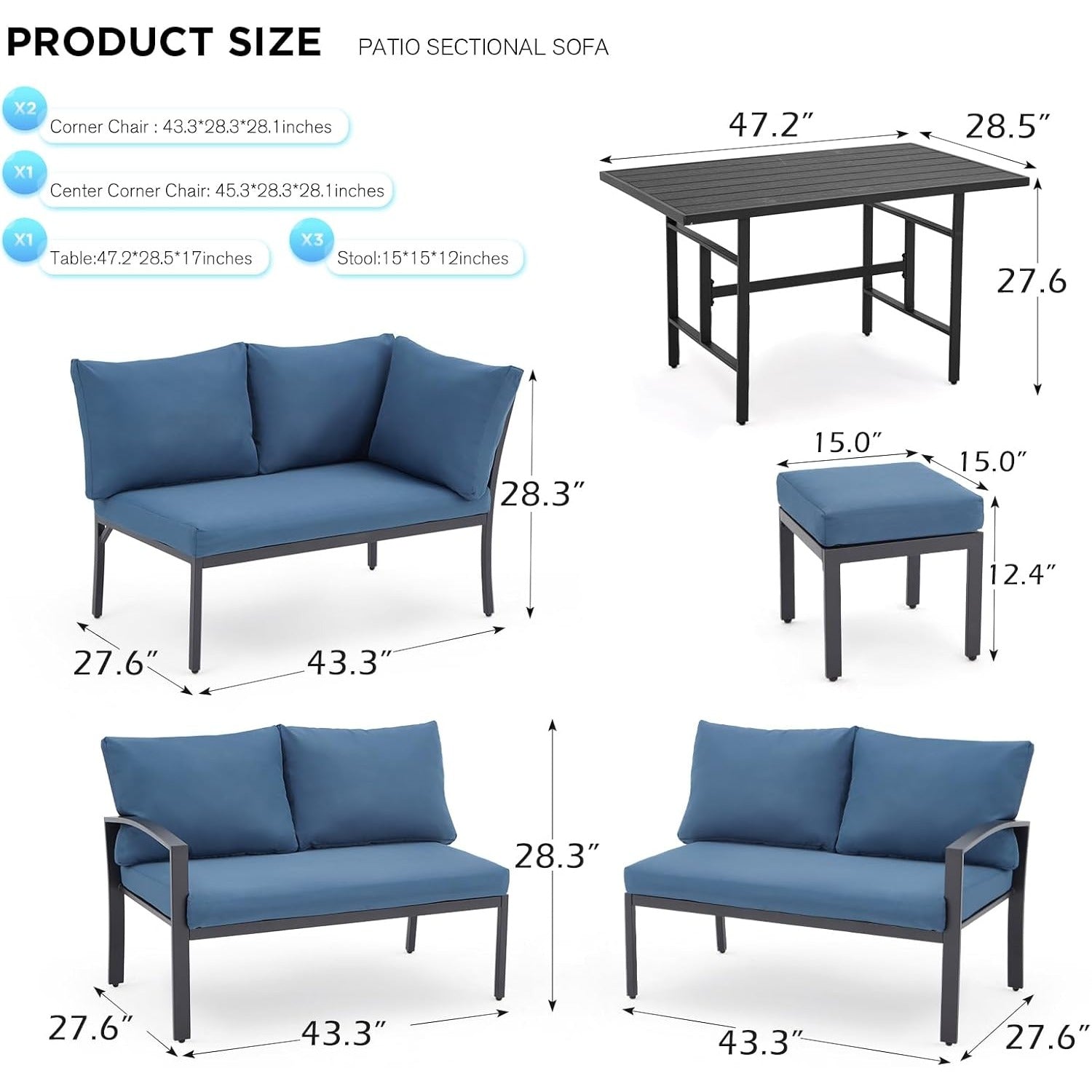 YODOLLA 7 Pieces Metal Patio Furniture Set, Dark Blue
