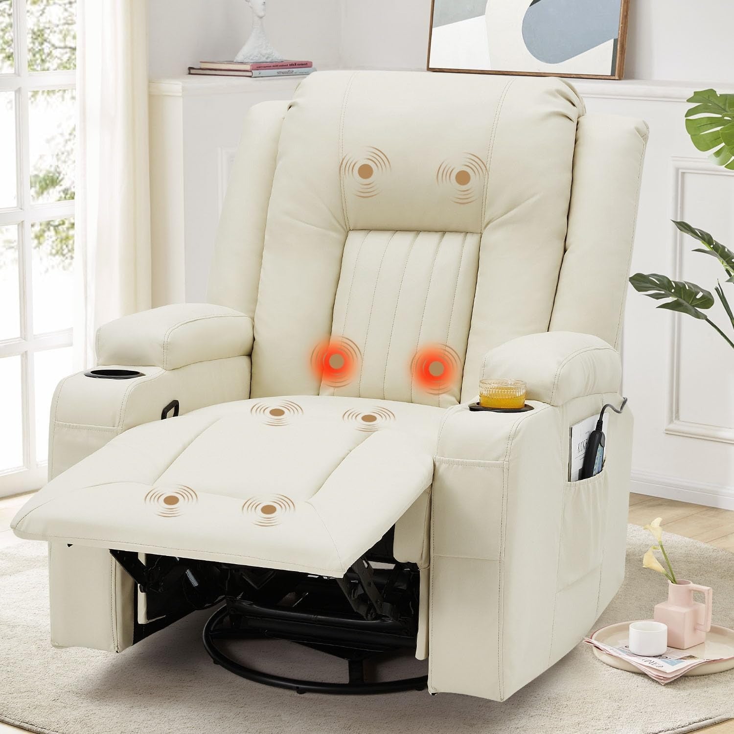 YODOLLA Recliner Chair with Heat&Massage, PU Leather Cream Whitebest