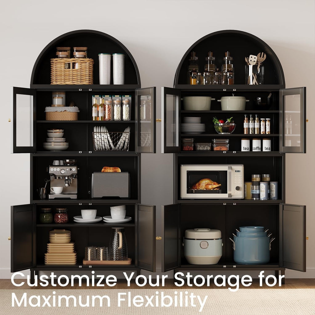 YODOLLA 73" Kitchen Pantry, Metal Arched Cabinet with Glass Door & Adjustable Shelvesbest