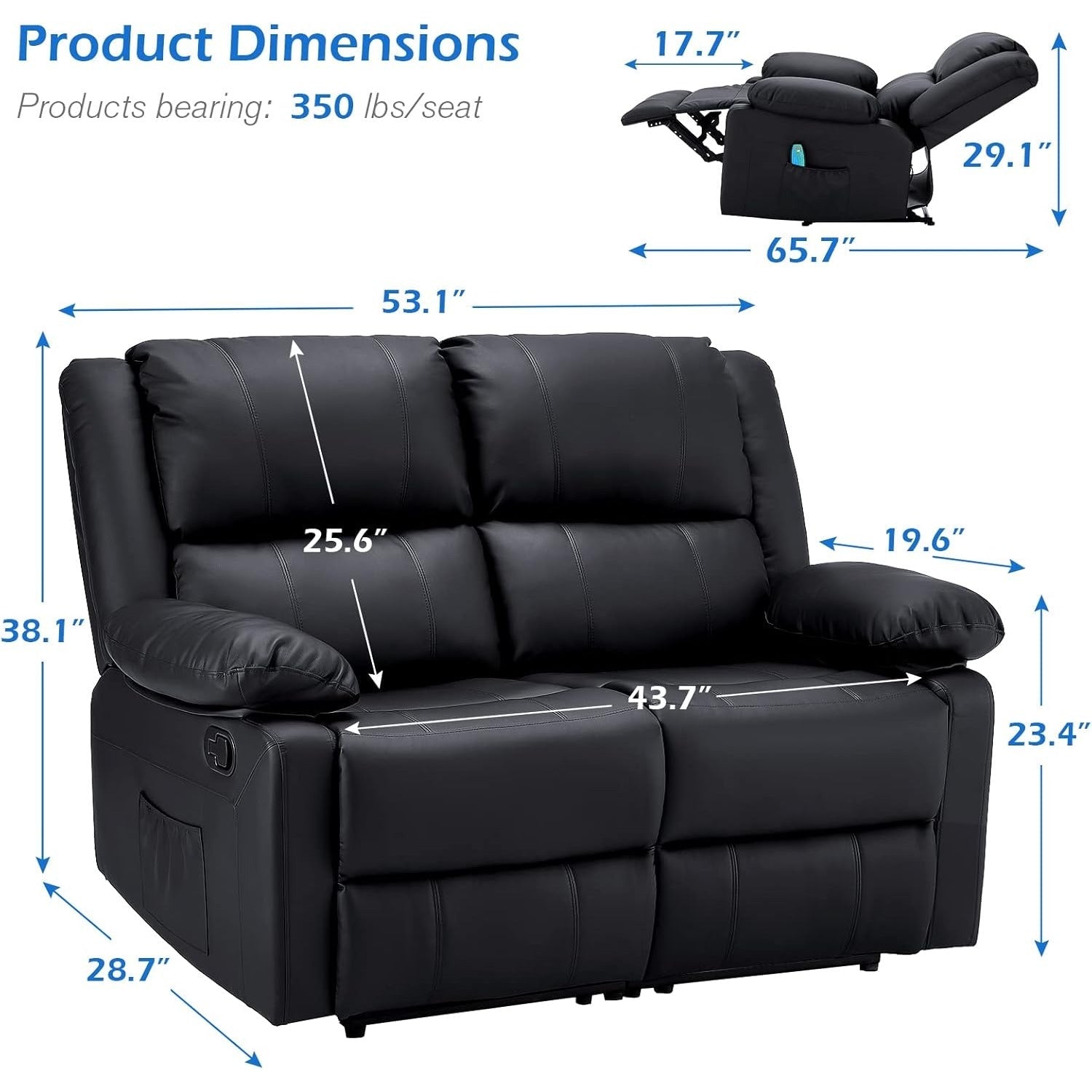 YODOLLA 2 Seat Loveseat Recliner with Heat&Massage Function, Faux Leather, Blackbest