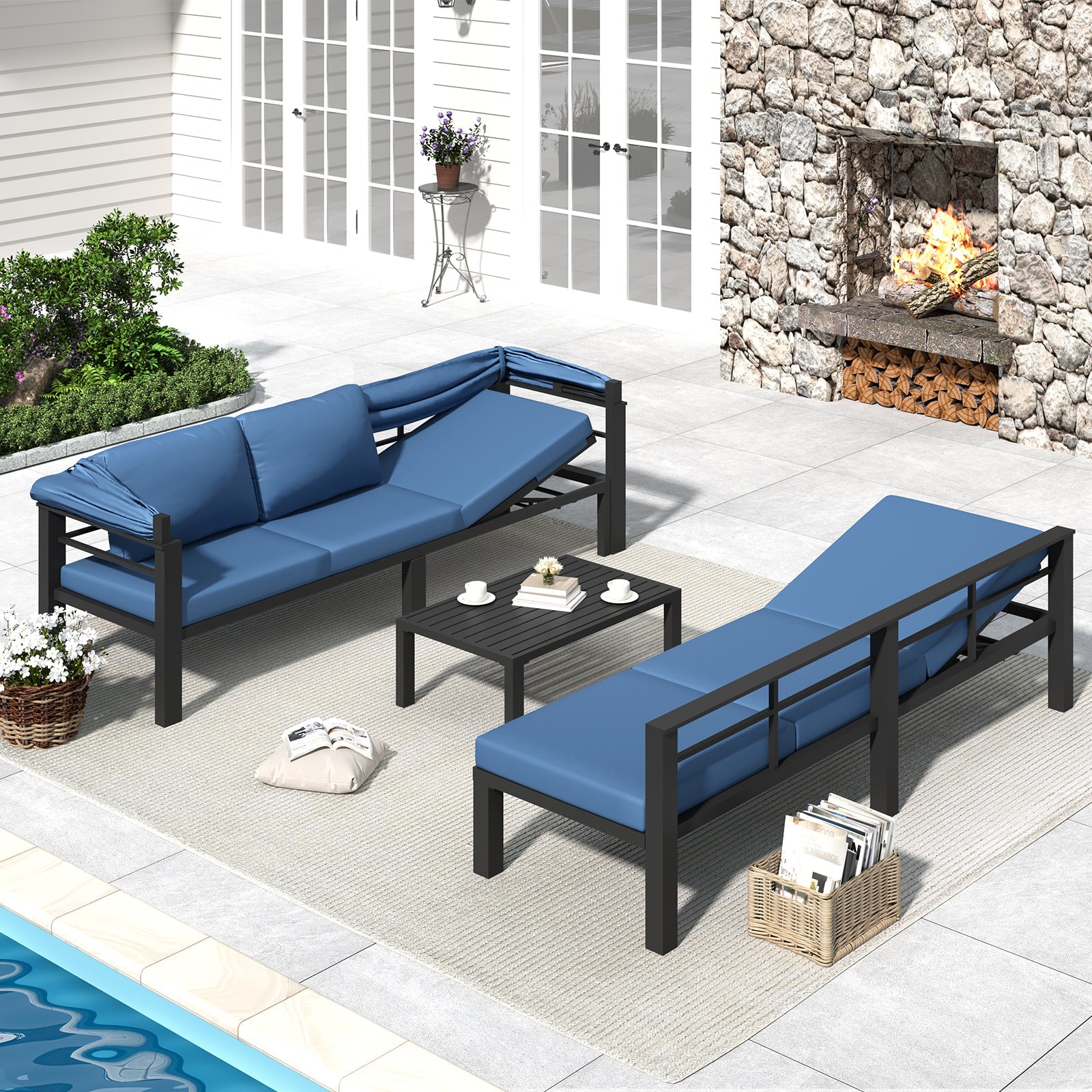 YODOLLA Patio Furniture Set with Retractable Canopy, Dark Bluebest