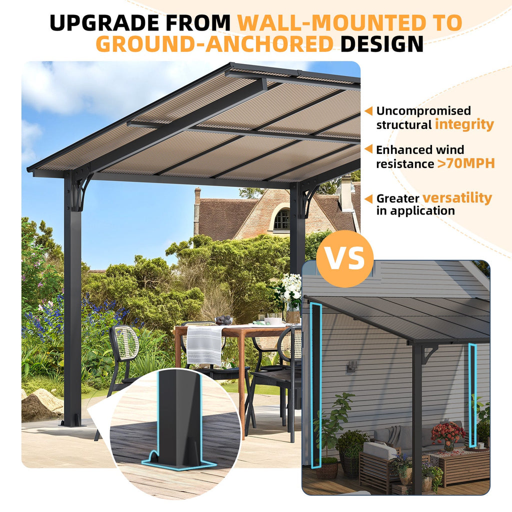 YODOLLA 10' x 8' Freestanding  Lean to Hard Top Gazebo Outdoor Pergolabest