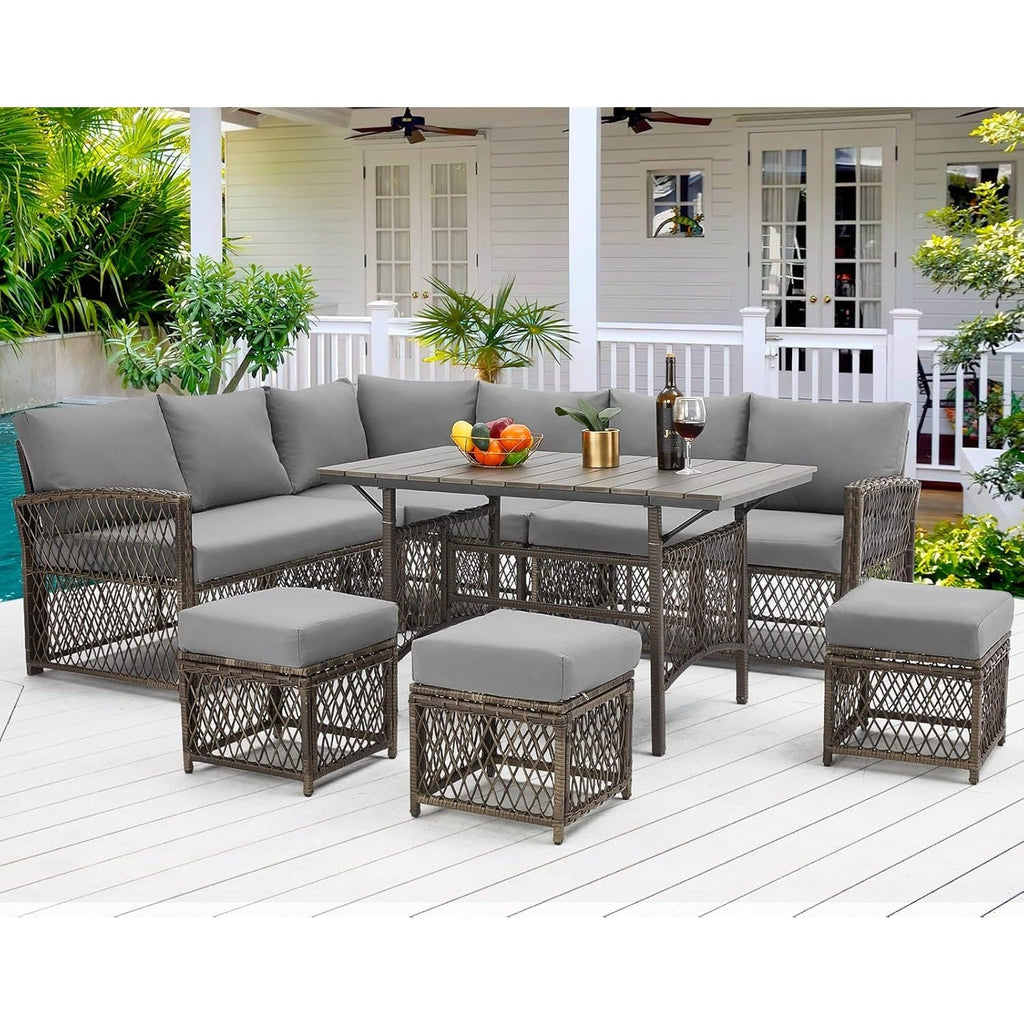 YODOLLA 7 Pieces Wicker Conversation Set with Ottoman Patio Furniture Set, Grey