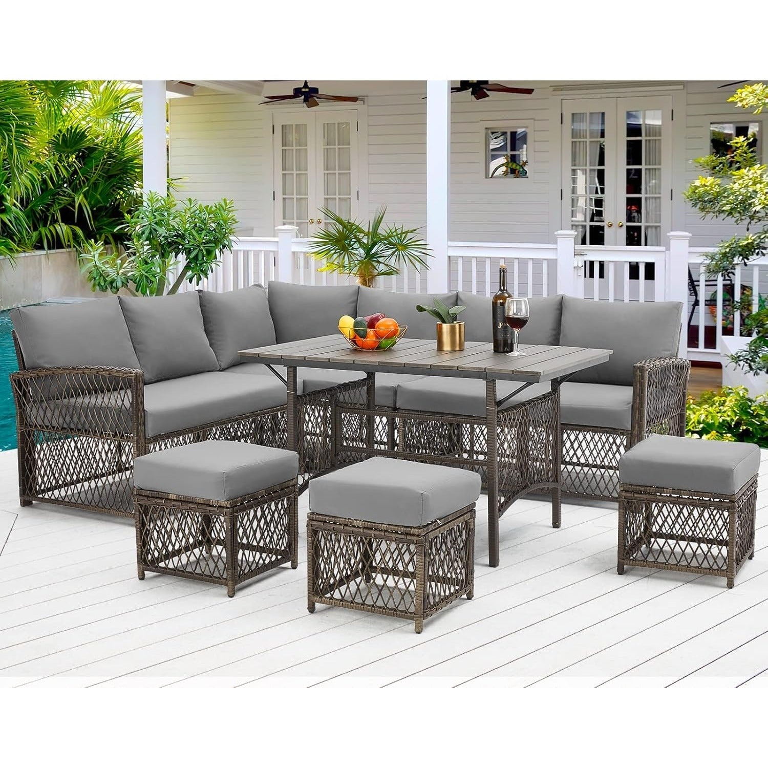 YODOLLA 7 Pieces Wicker Conversation Set with Ottoman Patio Furniture Set, Grey